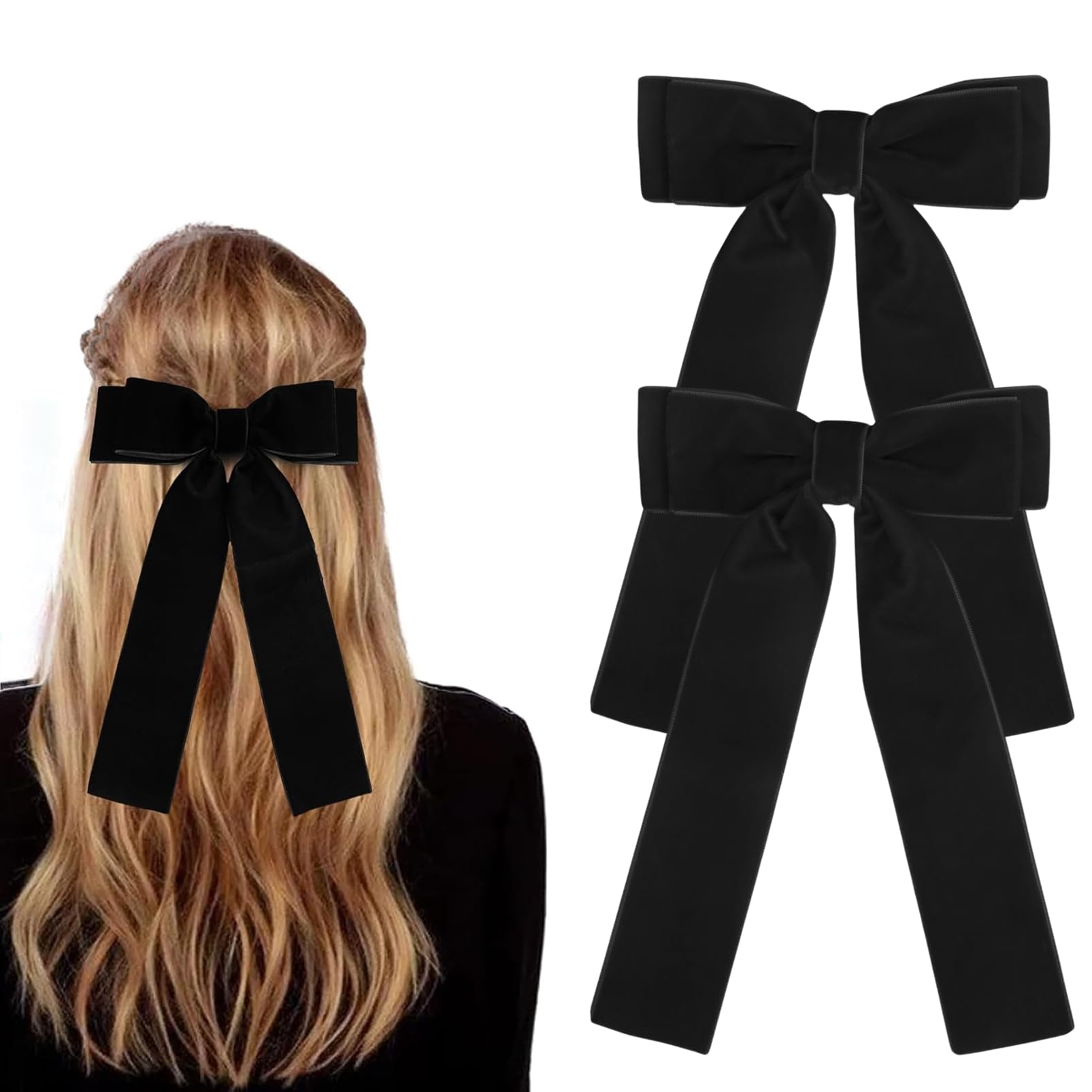 DMQ Black Hair Bows, 2Pcs Black Velvet Big Bows Hair Clips Set