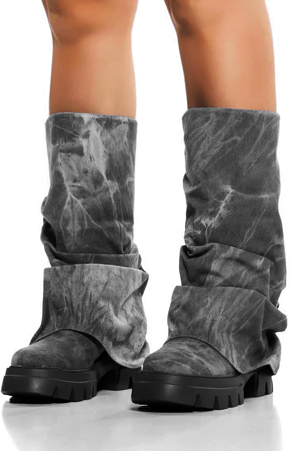 Women's Platform Fold Over Boots Wide Calf Slouchy Chunky heel Mid Calf Moon Boots Party Rave Shark Tall Boots For Gril
