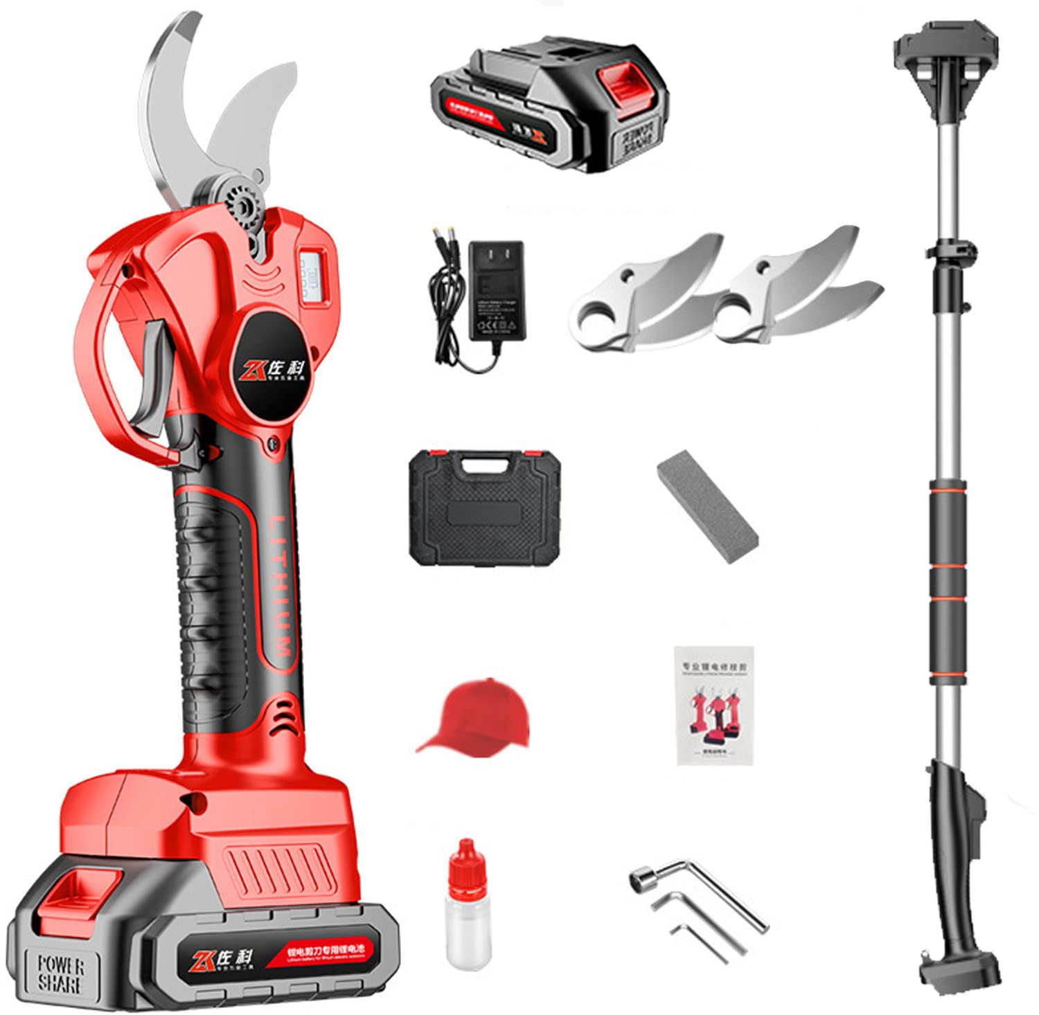 LINTAIZUOExtendable Tree Pruning Pruner 21V Cordless Electric Pruning Shears, 30mm Cut Electric Pruner Battery Powered,with Extension Pole, LCD Display Screen,1Battery-3blade