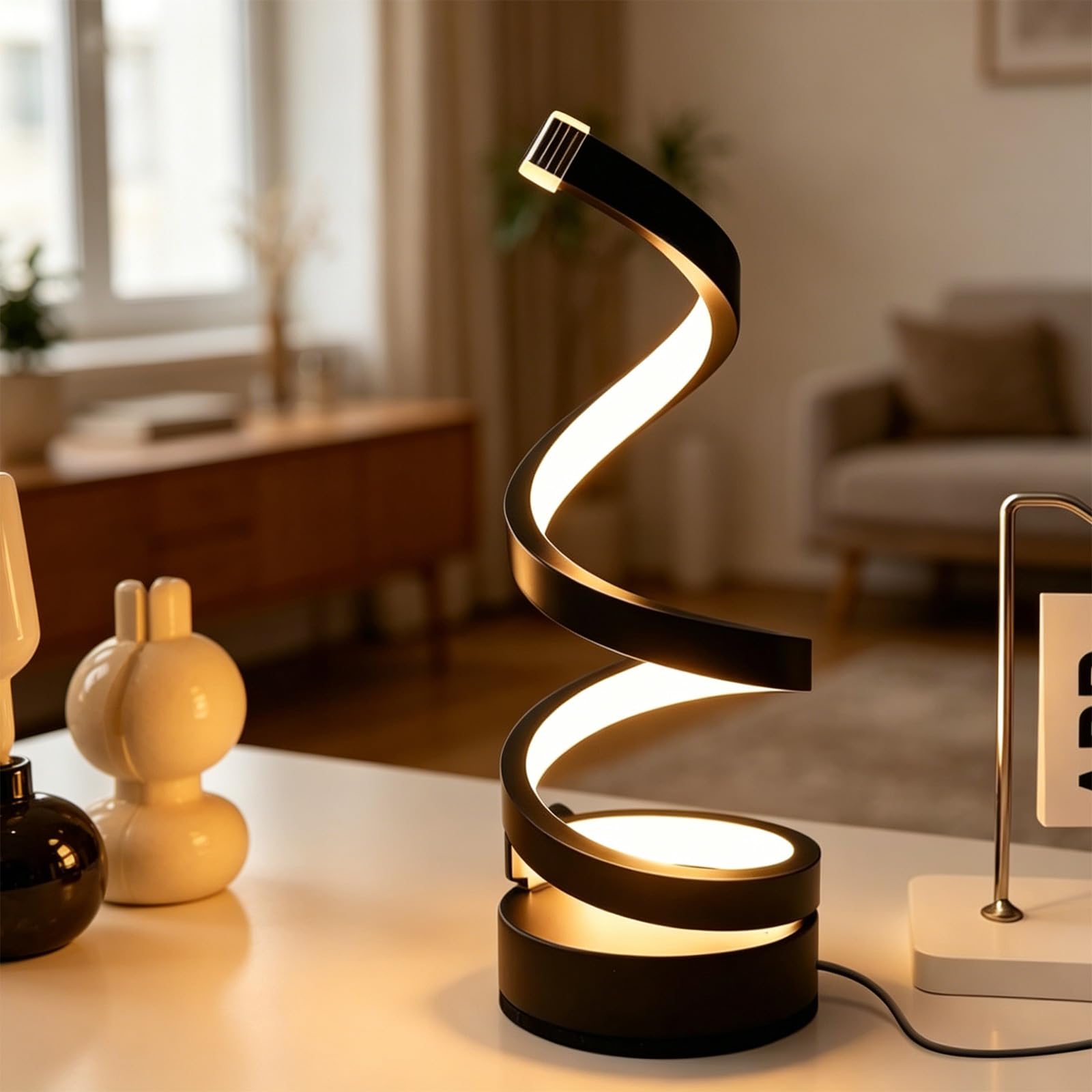 Puniama Spiral LED Table Lamp, 3 Colour Dimmable Bedside Lamp USB Powered, Modern Eye-Caring Desk Light with Stepless Dimming, Decorative Ambient Nightstand Lamp for Bedroom Living Room Office
