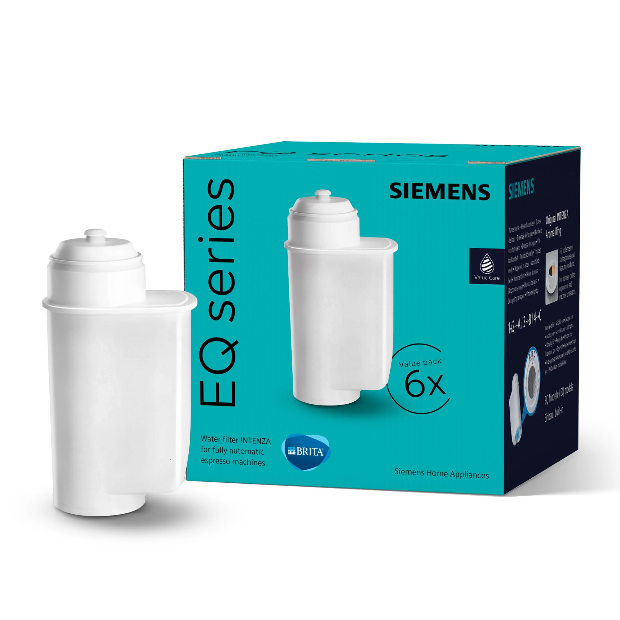Siemens BRITA Intenza Wasserfilter TZ70063A, 6 Stück, verringert den Kalkgehalt des Wassers, passend für Kaffeevollautomaten der EQ Reihe, sowie Einbauvollautomaten