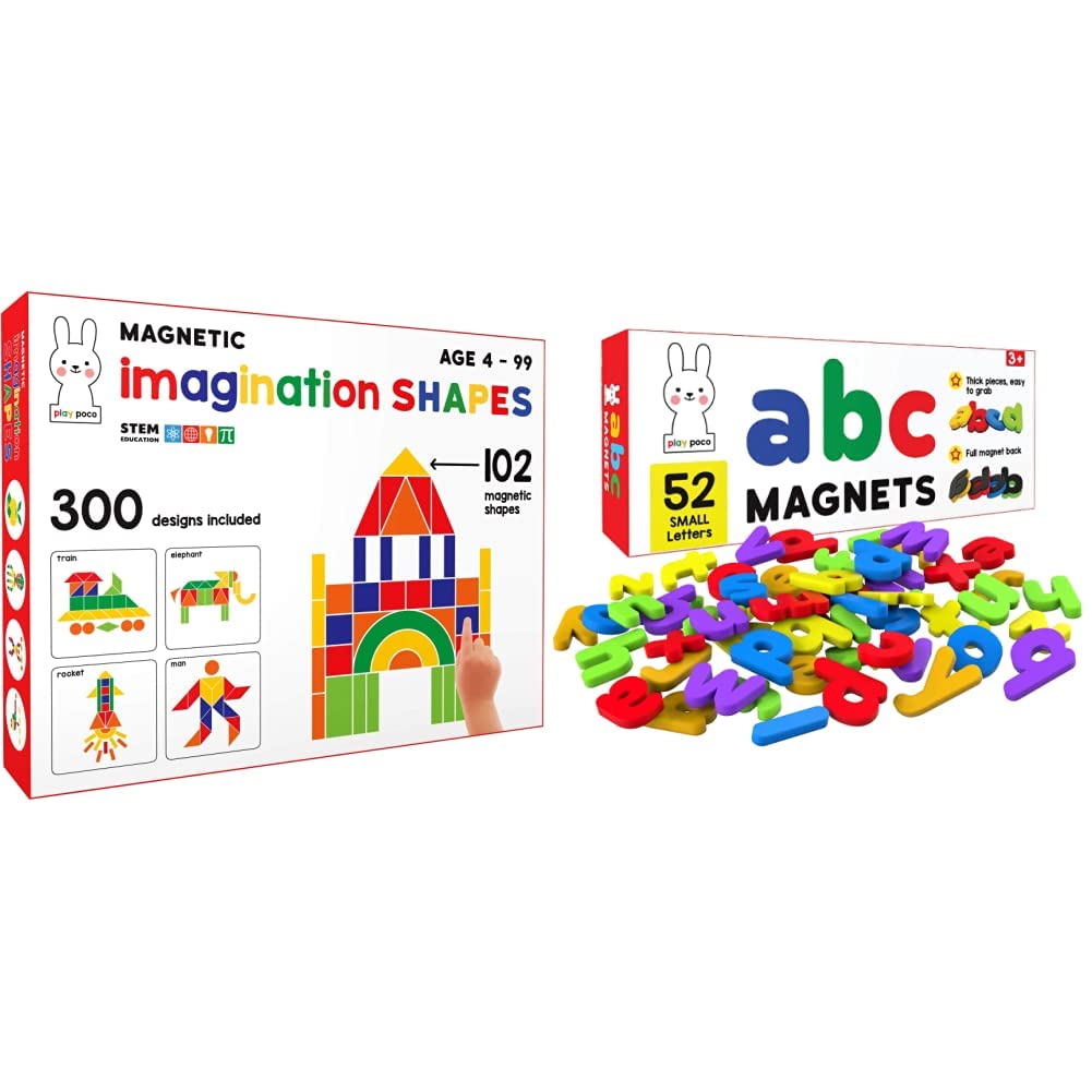 Play Poco Magnetic Imagination Shapes - with 102 Magnetic Shapes, 2 Magnetic Boards, 300 Design Booklet, 2 Display Stands & ABC Magnets Small Letters - Child Safe Foam Alphabets