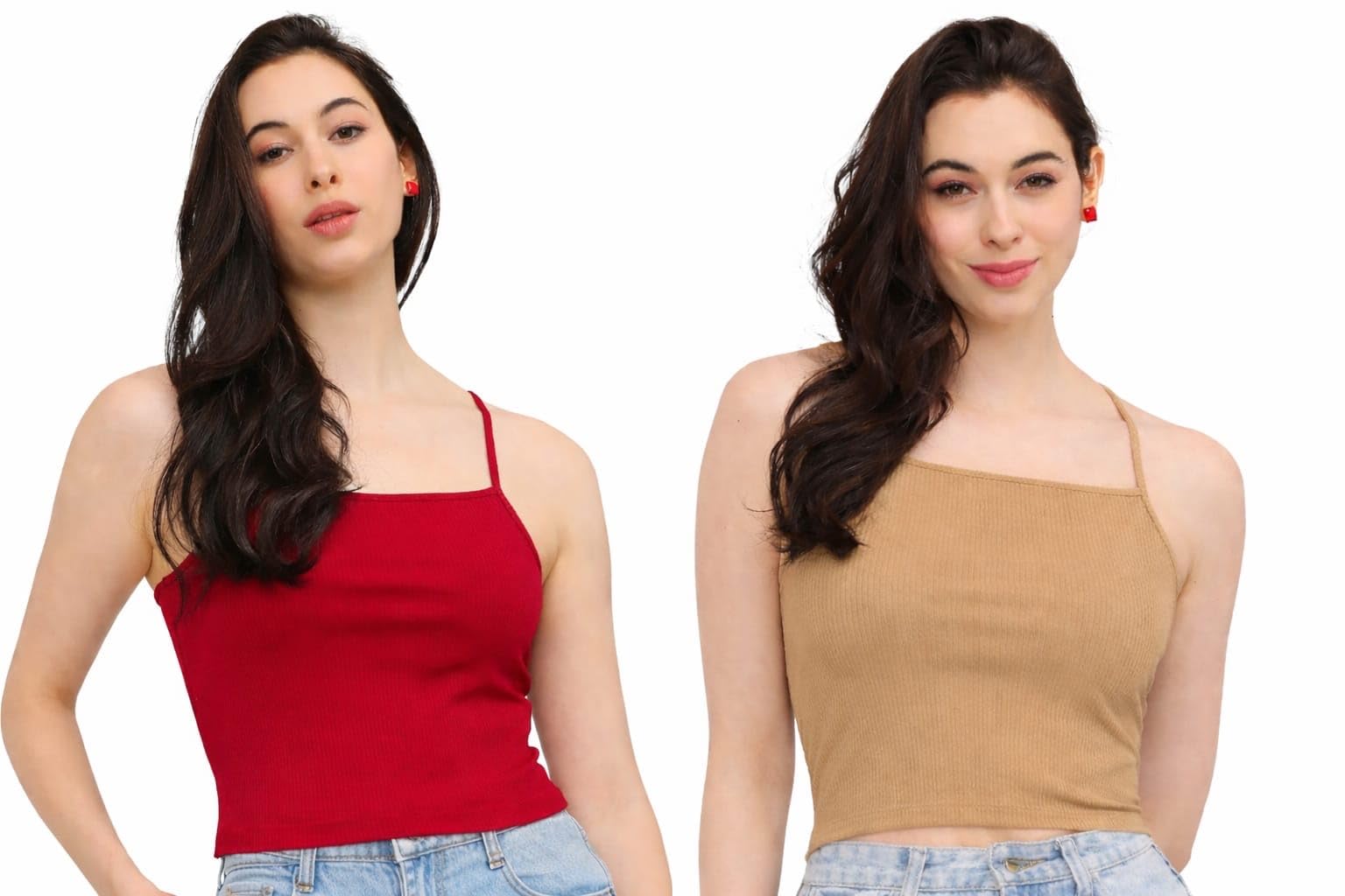 akhirah Women's Ribbed Knit Tank Top, Sleeveless Crop Top in Beige and Red, Cotton Blend, Casual Summer Style [ Bust Size: 28-36 ]-picture-41