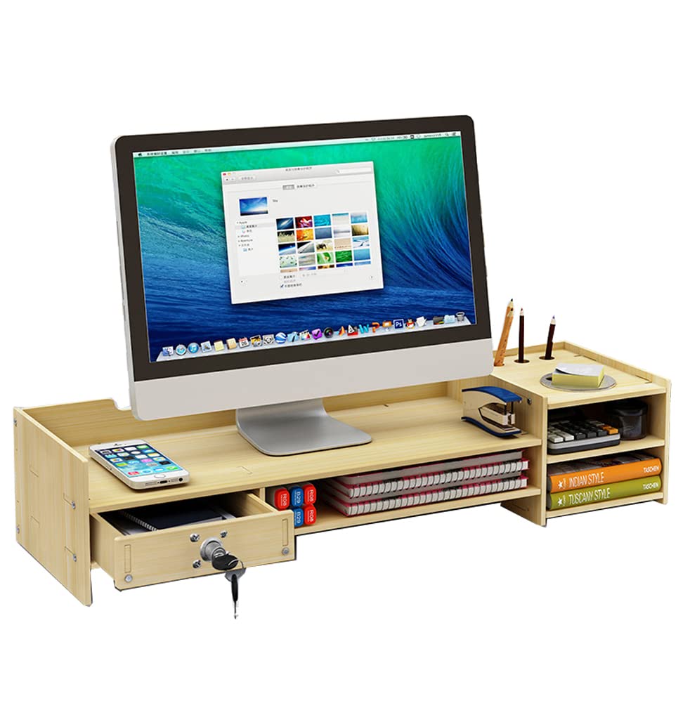 Support de Moniteur en Bois avec tiroir verrouillable éère de Rangement, nizer de Bureau pour Ordinateur de Bureau, PC, Meuble TV