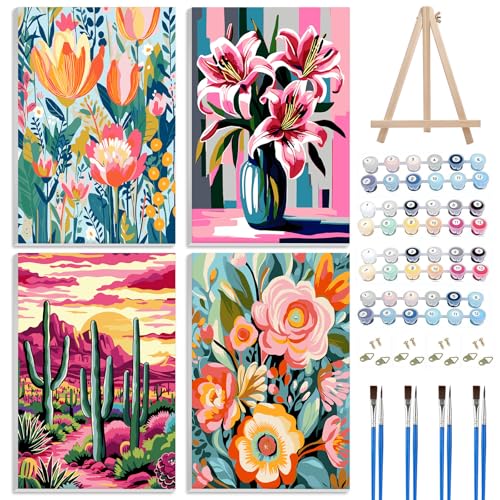 UMOART 4 Pack Flowers Paint by Numbers for Adults Framed Canvas, DIY Painting by Numbers for Adults Beginner with Wooden Easel, Paint Brushes, Acrylic Paint Set for Home Decor 20X30cm