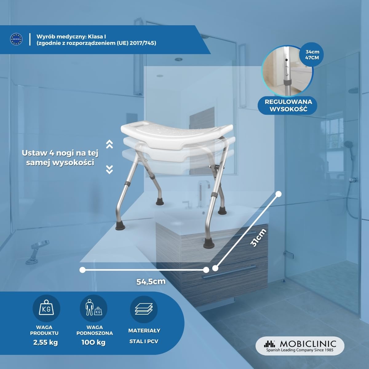 Mobiclinic, Delta krzesł prysznicowe, Składany taboret prysznicowy, Z regulacją wysokości, Ergonomiczne siedzisko, Antypoślizgowy