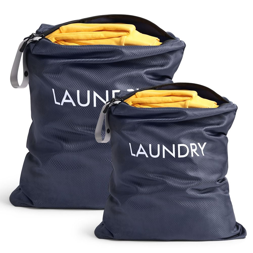 AOOTE Waterproof Travel Laundry Bag, 2 Pack Dirty Clothes Organizer with Zipper, 2 Sizes Foldable Dirty Clothes Storage Bag, Wet Bags for Travel, Swimming, Gym, Beach, Pool, Workout, Yoga, Navy Blue