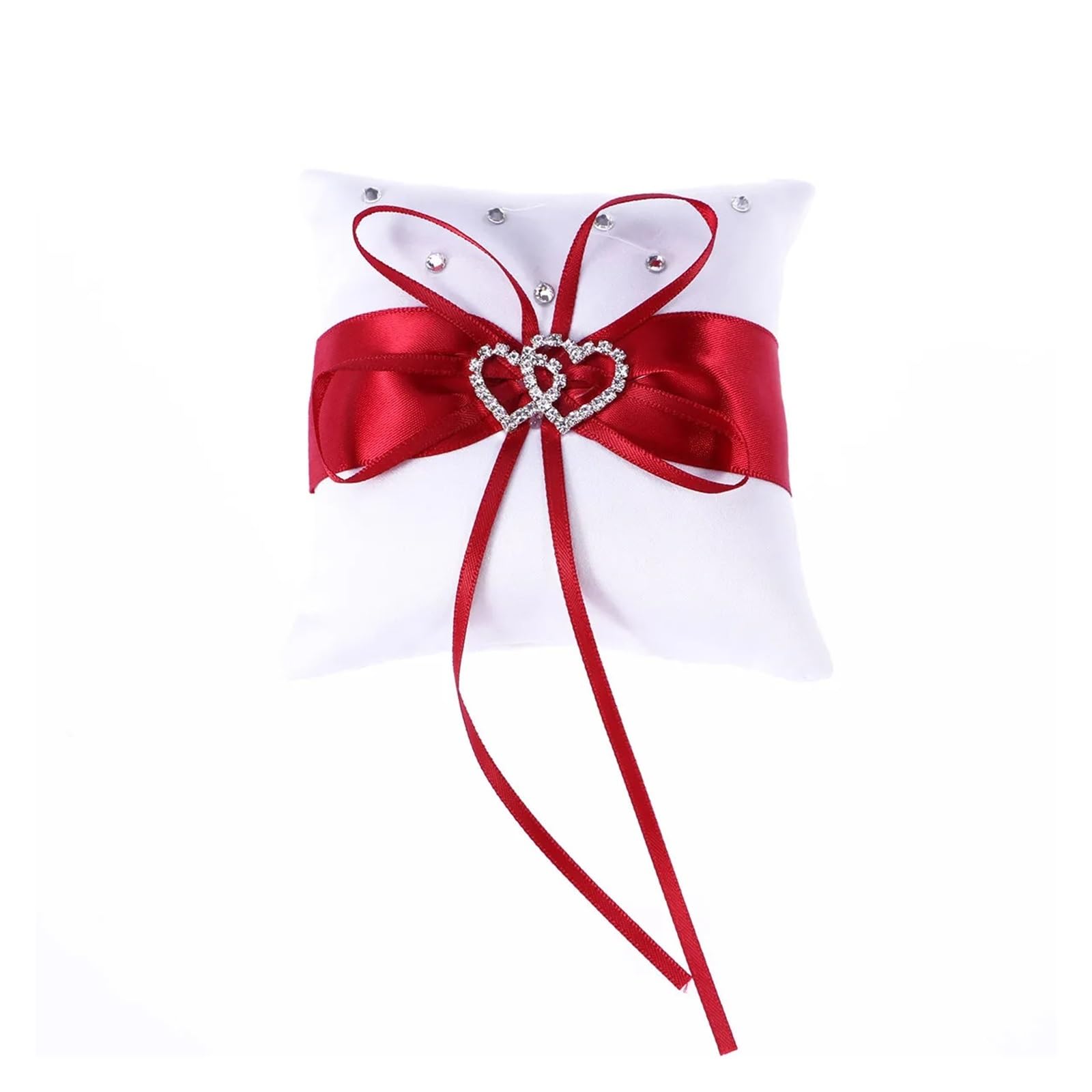 HEUchuan wedding ring cushion Double Heart Bridal Wedding Ring Pillow Satin Ribbons Red 10x10cm Bearer Cushion Soft Sparkling Rhinestones for Ceremony