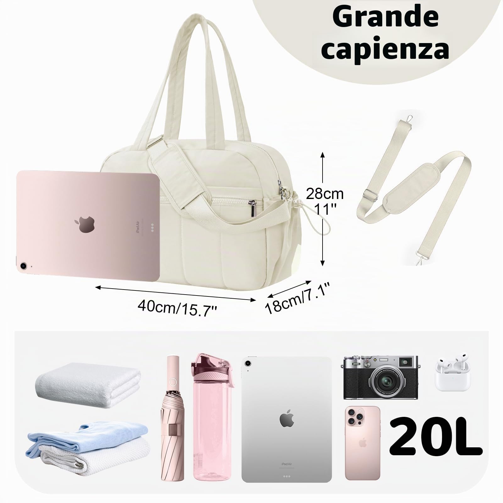 20L Borsone Palestra Donna, Leggero Borsone da Viaggio Piccolo per Aeroplano Ragazze, Portatile Borsa Sportivo con Tasca Bagnata per Sport Nascita Lavoro Mare, Bianco