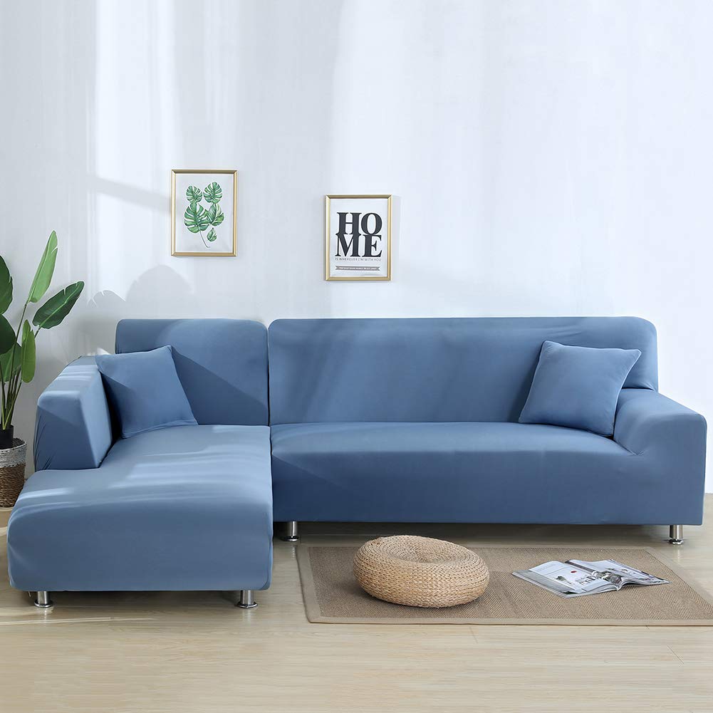 MIFXIN L Shape Sectional Couch Sofa Covers 2 Piece Polyester Fabric Stretch Slipcovers for L Style Sectional Sofa Couch Furniture Protector with 2 Pcs Pillow Covers (Light Blue, L-Shape 3+4 Seater)