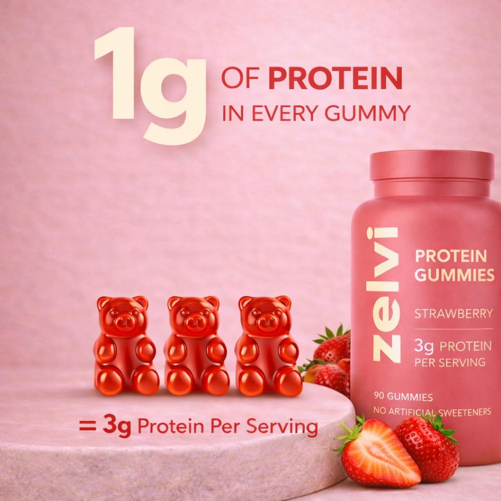 Zelvi Plant-Based Protein Gummies – 3g Per Serving, 90 Gummies, Protein Powder Alternative, Protein Supplement – No Artificial Colors, Naturally Sweetened, Dairy-Free, Gluten-Free (Strawberry)