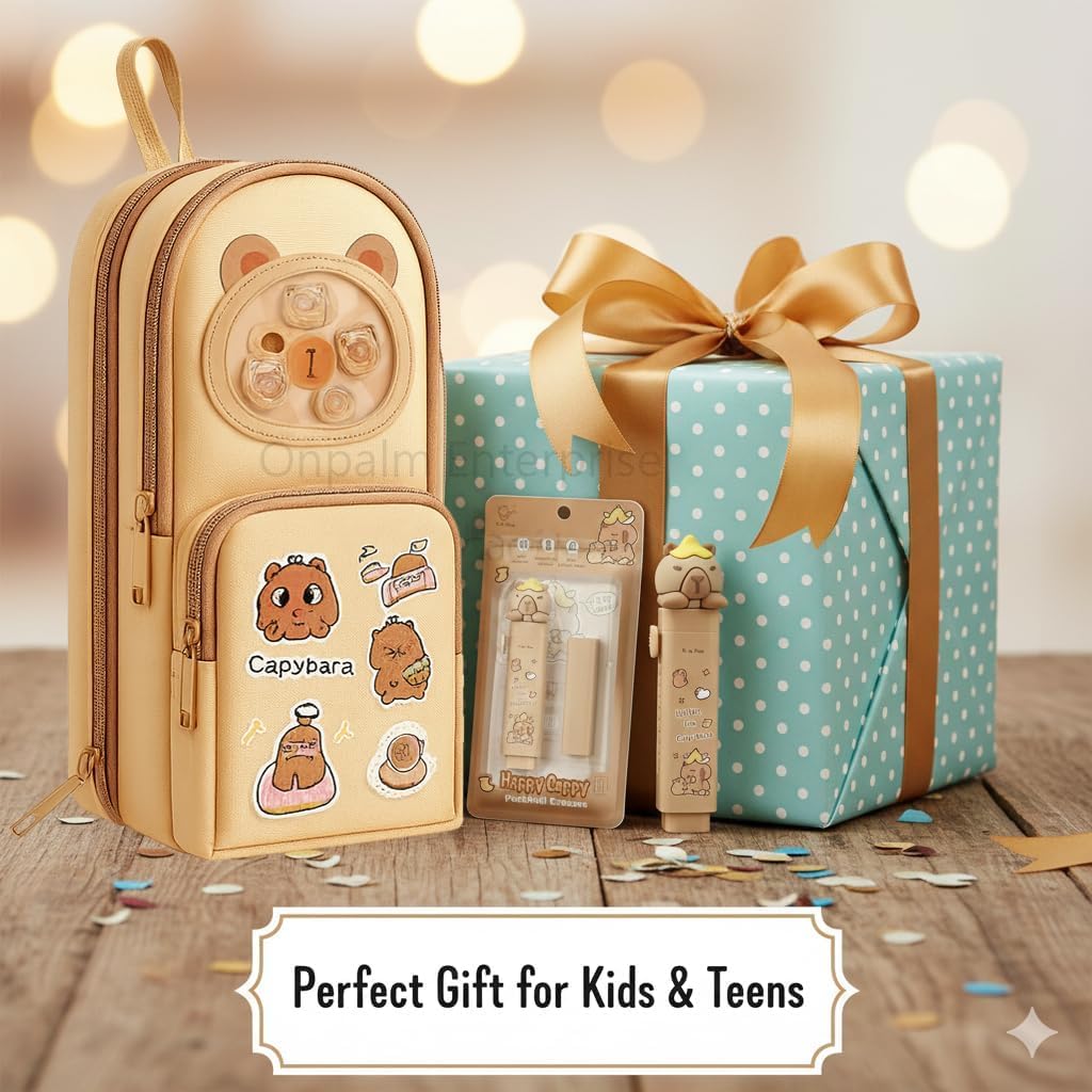 Pencil Pouch with Push Pull Eraser Set|Combo Kit for Kids, Boys & Girls|Stationery Bag with Eraser| Trendy Combo Gift Set|Zipper Case with|Gift for Boys & Girls (Standing Capybara + Eraser)