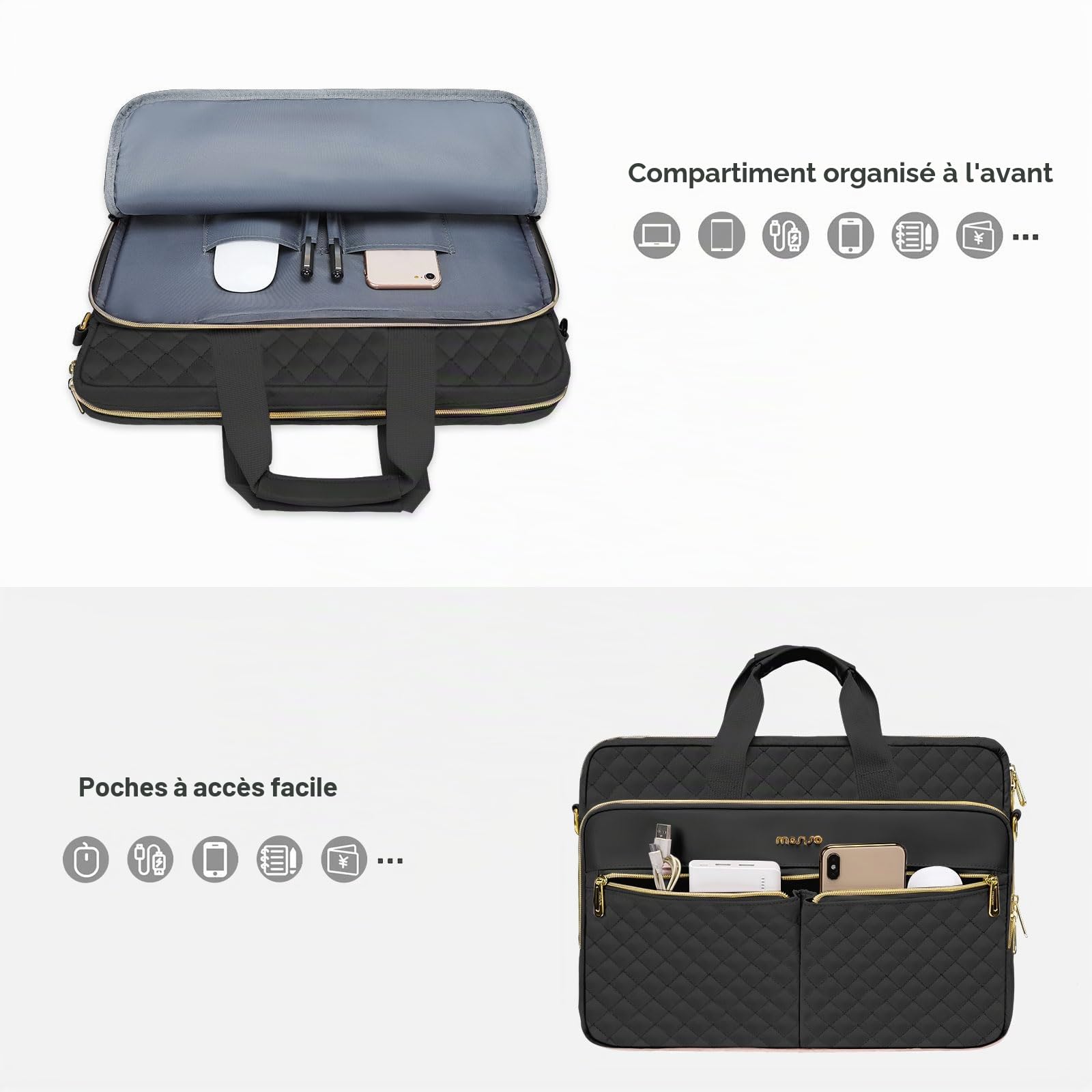 MOSISO Sacoche Ordinateur Portable 16 Pouces,Porte-document Femmes Hommes,15-15,6 Pouces Carré Matelassé Sac Messager d'ordinateur Bureau Voyage avec 3 Poches & Courroie,Noir