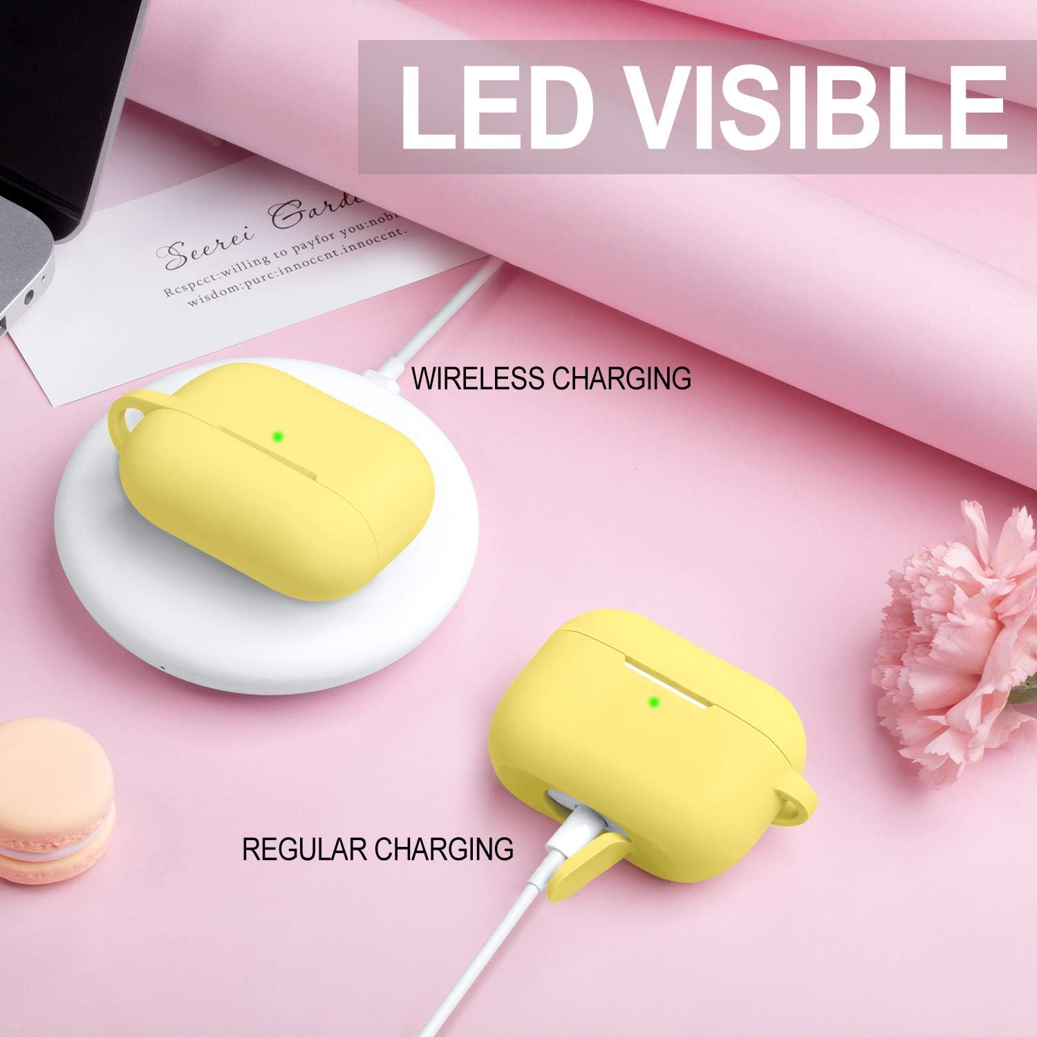 Witzon Compatible for AirPods Pro Case Silicone Cover with Cute Fur Ball Keychain Accessories [Front LED Visible] Replacement Protective Cases for Apple AirPod Pro Women Girls, Yellow/Yellow