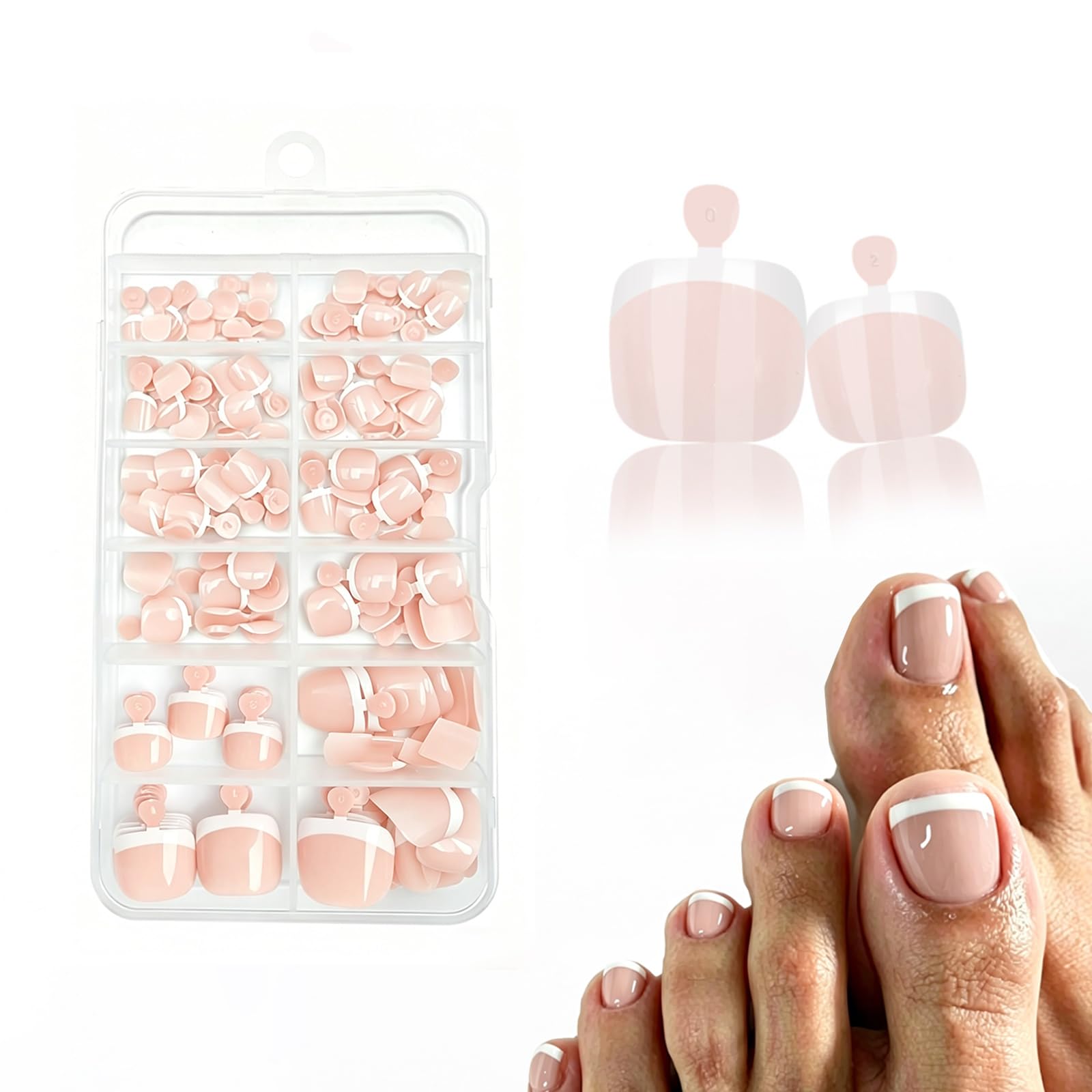 120PCS White French Fake Toe Nails Set, ABS Press On Toenails, Short Square French Tip Nude False Toenails for Women Nail Art DIY Gift