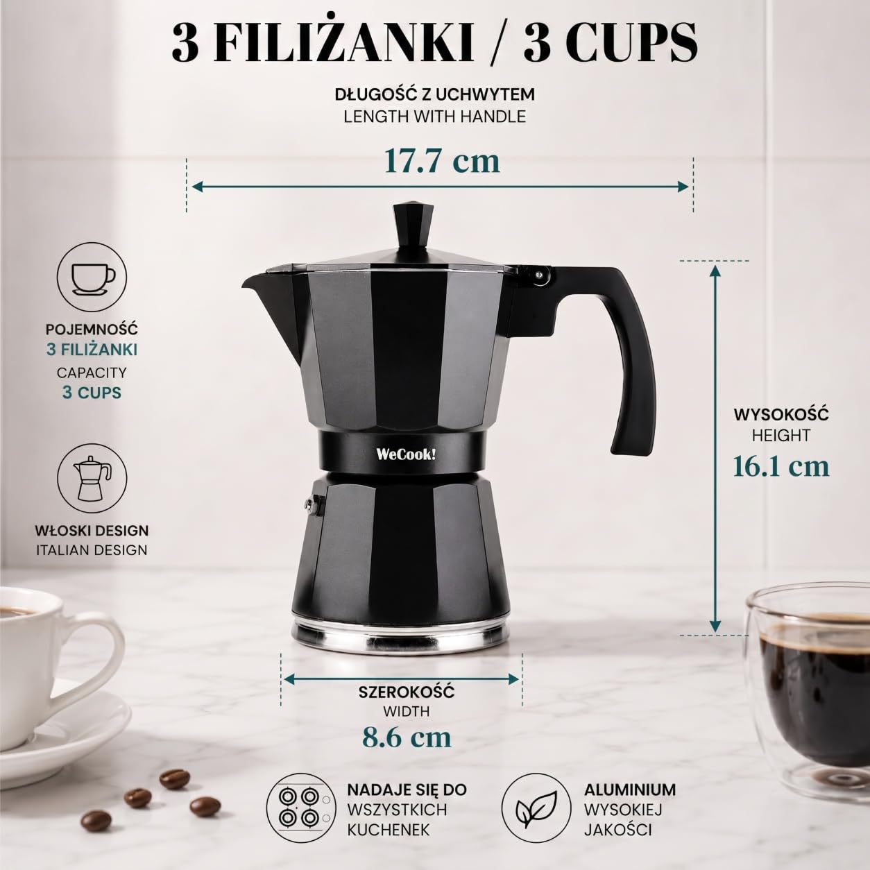 WECOOK! - 9 filiżanek włoskiego zaparzacza do kawy do espresso na indukcję | stal nierdzewna do płyt ceramicznych, indukcji Caffettiera | aluminiowy ekspres do espresso, mały, zawór bezpieczeństwa