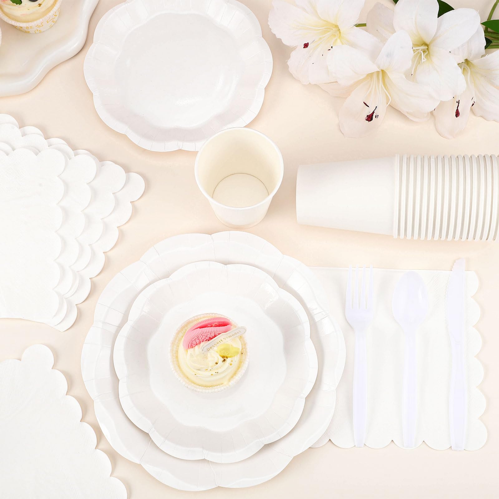 White Party Plates & Napkins - Serves 25 Guests -3