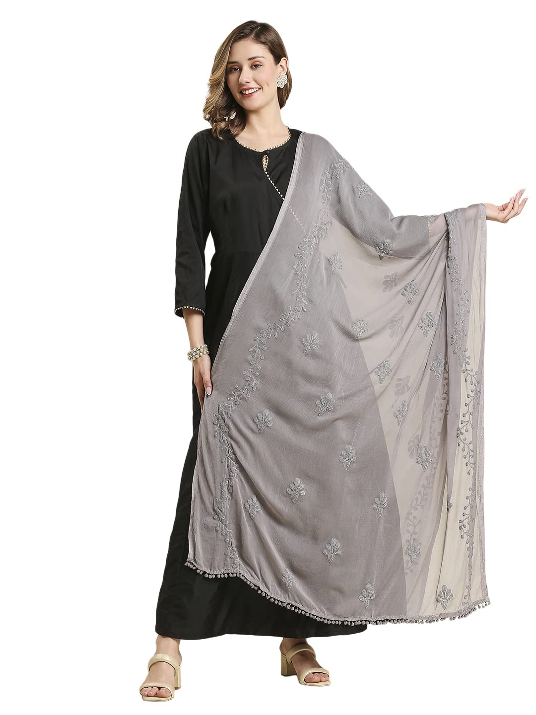 dupatta bazaar Women's Embroidered Grey Chiffon Dupatta with Pom Pom lace-picture-38