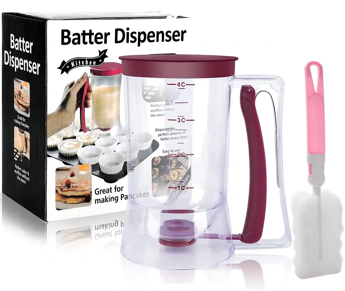 Pancake Batter Dispenser, Pancake Dispenser with Measuring Label, Plastic Batter Dispenser with Cleaning Brush for Cupcakes, Waffles, Muffin Mix, or Any Baked Goods