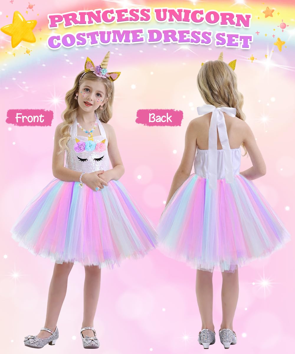 TOLOYE Disfraz Princesa,Vestido Tul Unicornio Infantil | Venda y Collar Set,Disfraz Unicornio Niña para Cumpleaños Fiesta Halloween Navidad Carnaval Cosplay