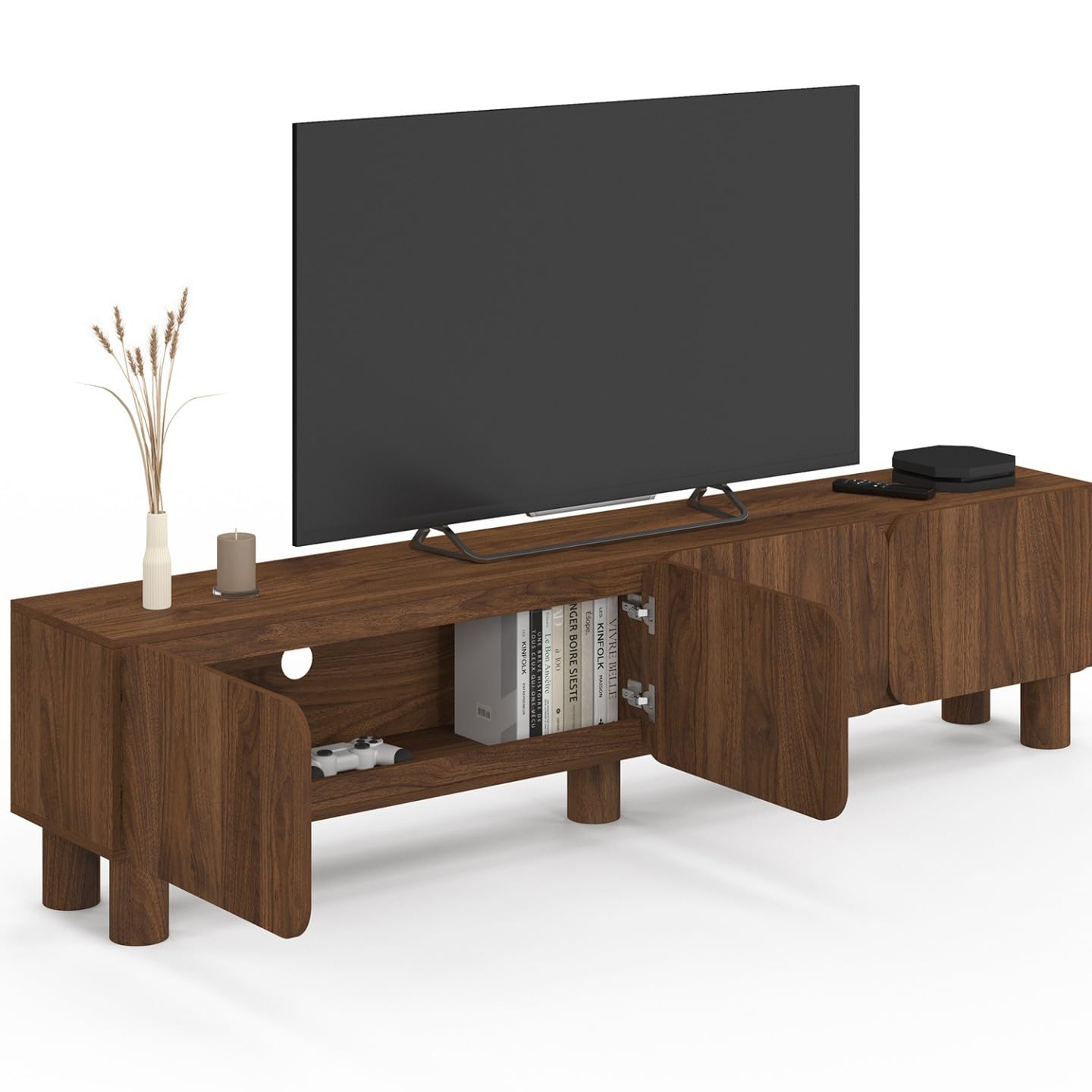 IDMarket - Mueble TV 180 cm SARANDA 4 puertas redondeadas madera efecto nogal