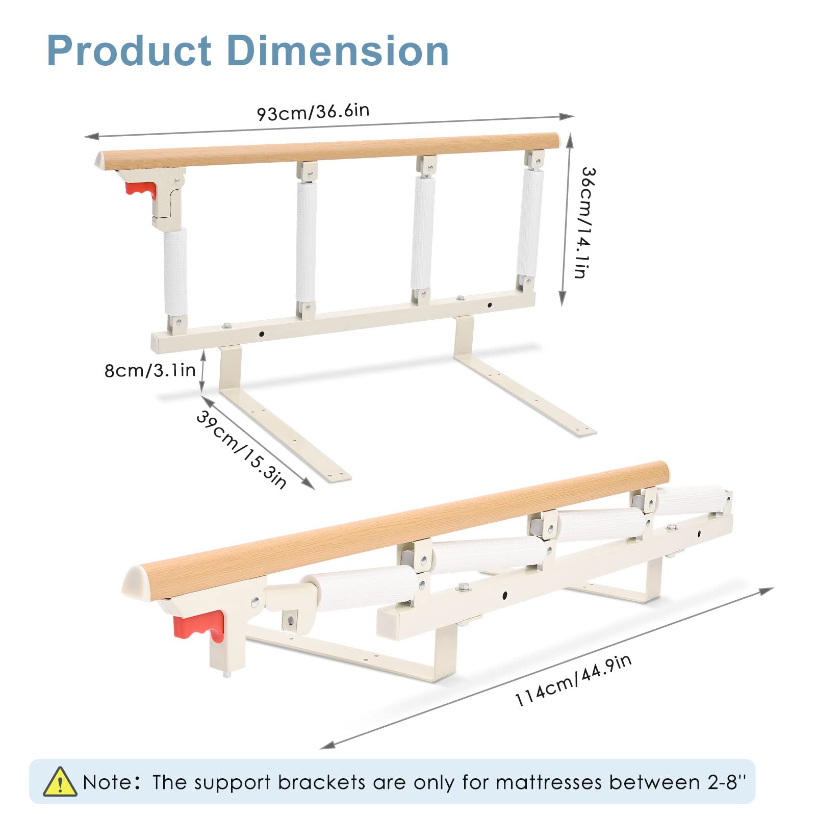 Hlieeosfcn Barriera Letto, Griglia per letto pieghevole portatile, letto pieghevole portatile e di sicurezza,per anziani, adulti supporto maniglia handicap ringhiera ospedaliera in metallo 4 marce
