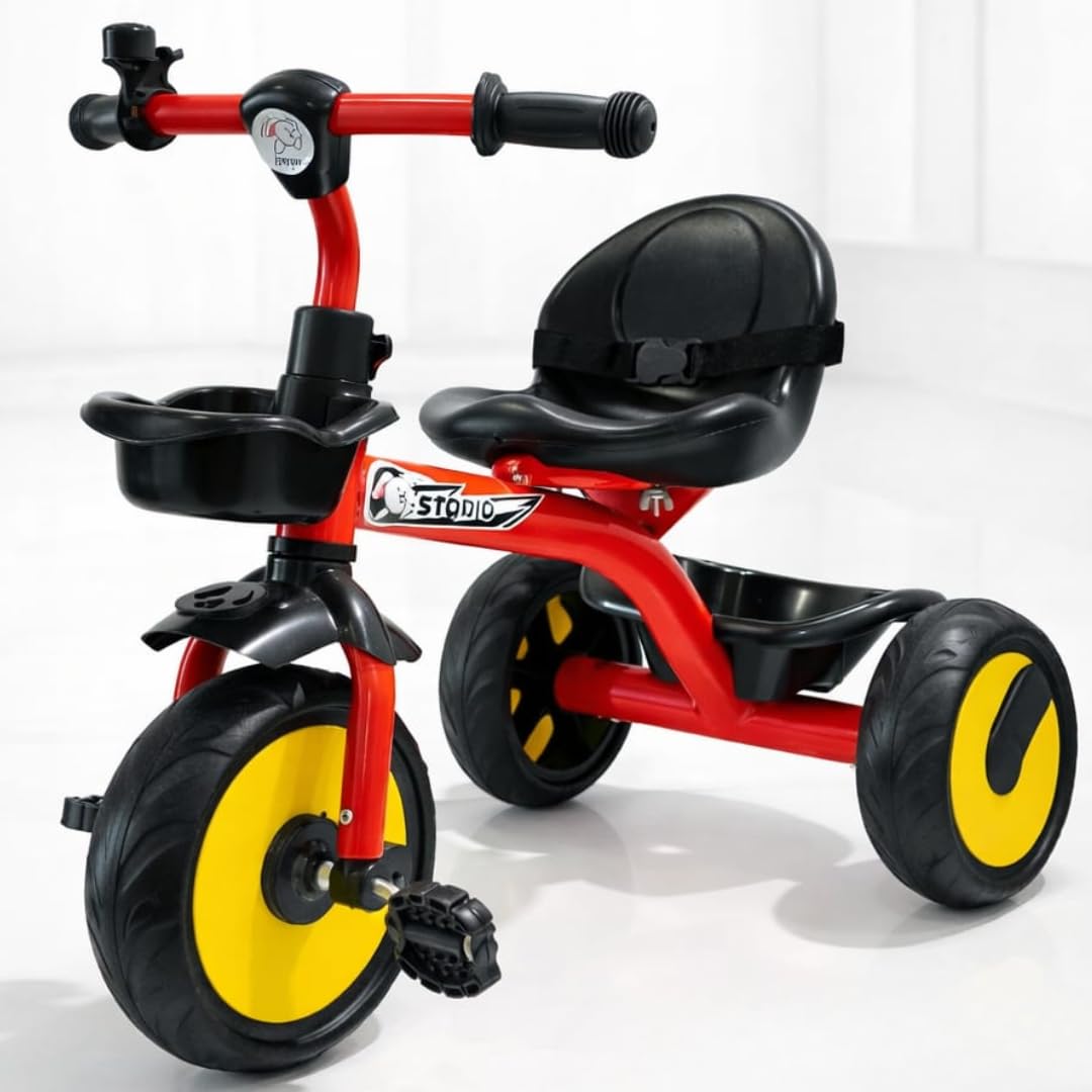 Storio Kids Tricycle with EVA Wheels, Bell & Front & Rear Basket | Sturdy Baby Trike for Boys & Girls Age 2–5 Years | Comfortable Seat, Anti-Skid Wheels, Durable Frame | BIS Certified Kids Cycle - Red-image-38