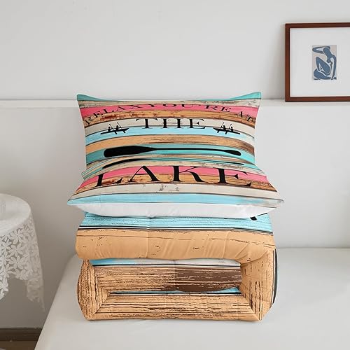 Miniatura 6 de Colorido juego de edredón rústico de casa de lago, tamaño Queen, juego de ropa de cama de madera de granja, para niños, niñas, adolescentes y