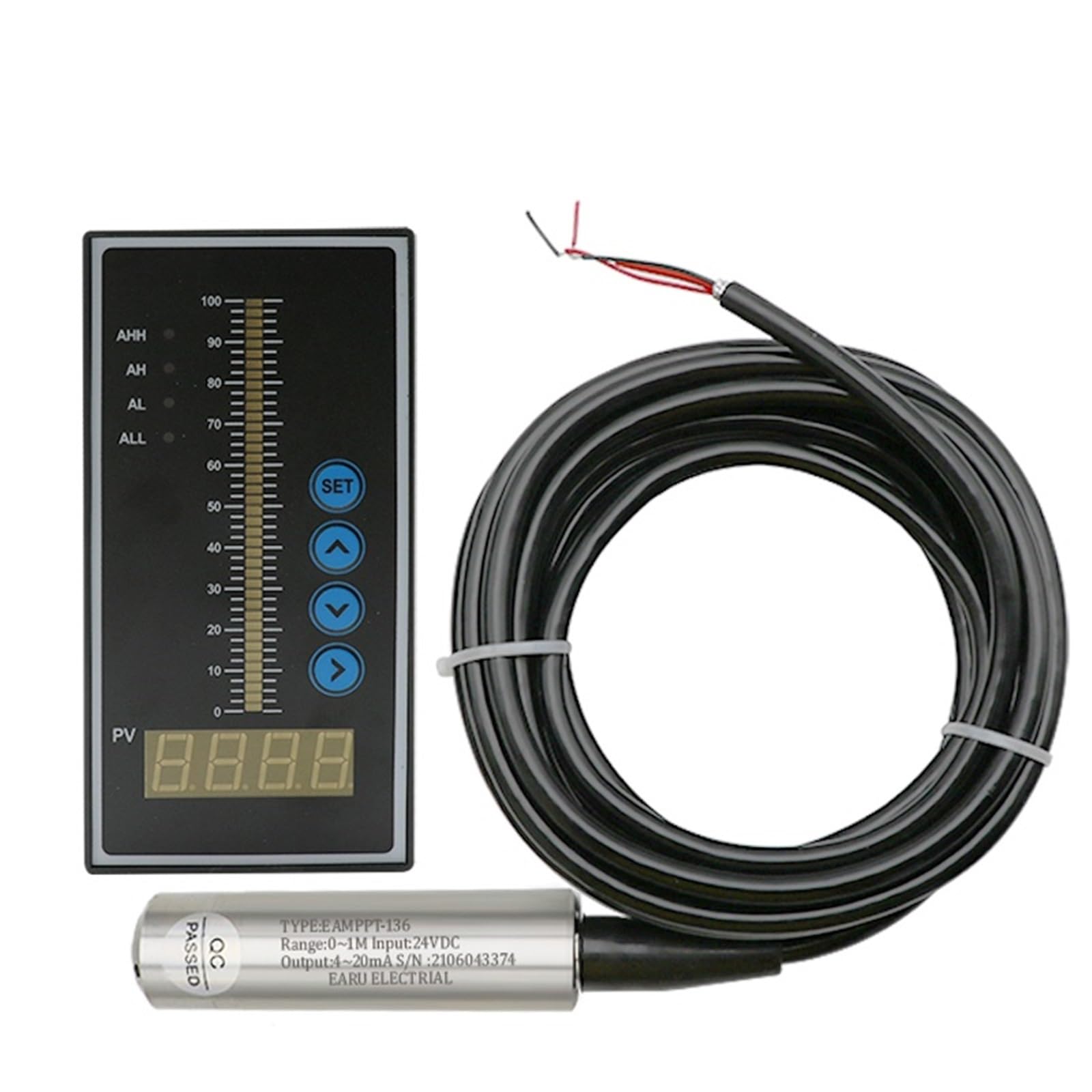 1 Juego de sonda del Sensor de nivel de agua y aceite líquido Integral, salida de 4-20MA, transmisor de detección con controlador inteligente, interruptor de flotador, bomba de alarma(T80 Controller)