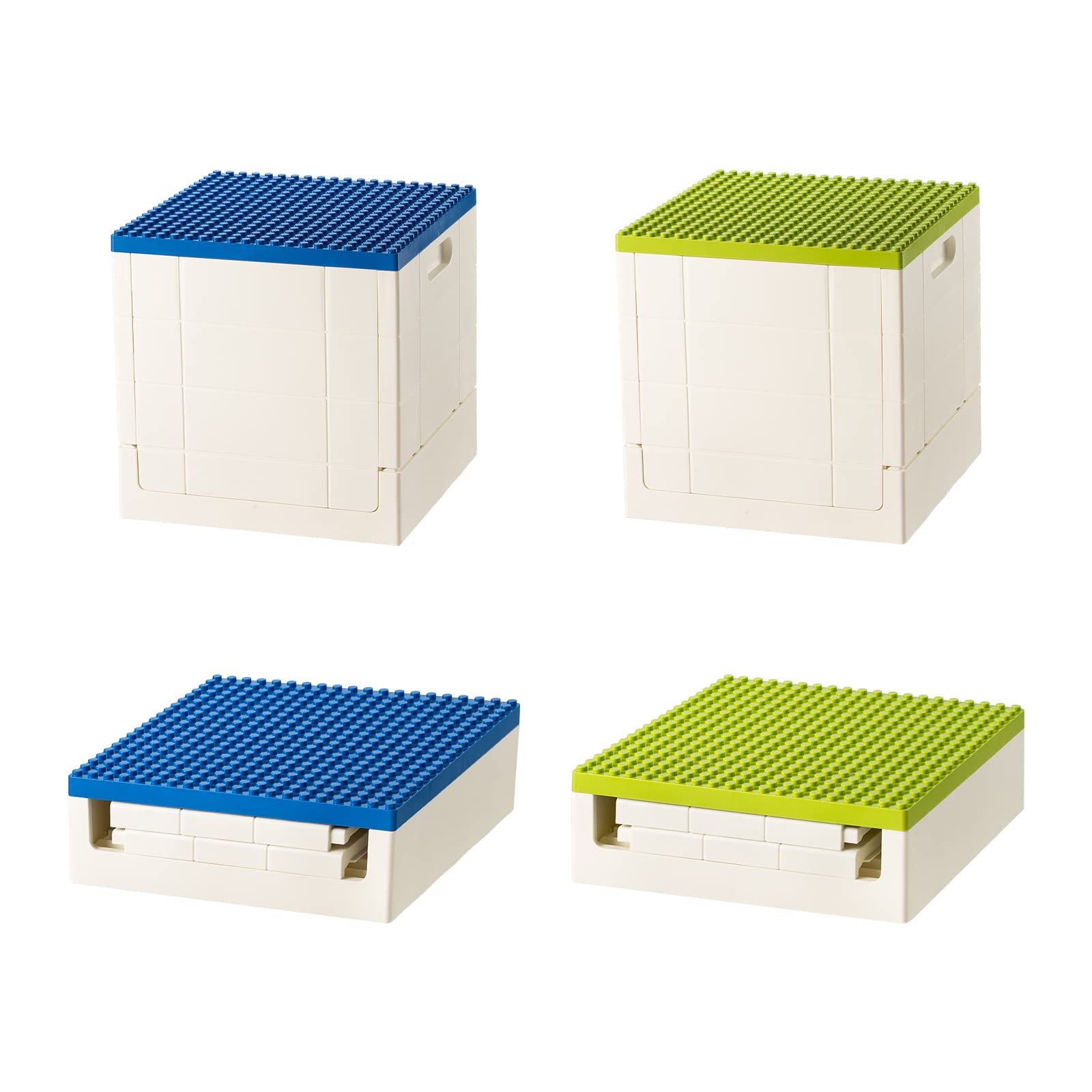 SHIMOYAMA Folding Duplo Storage Box, 2 Pack, 25L Storage Bin with Building Lid, 26 Qt. Collapsible Organizer for Duplo Blocks, Green and Blue