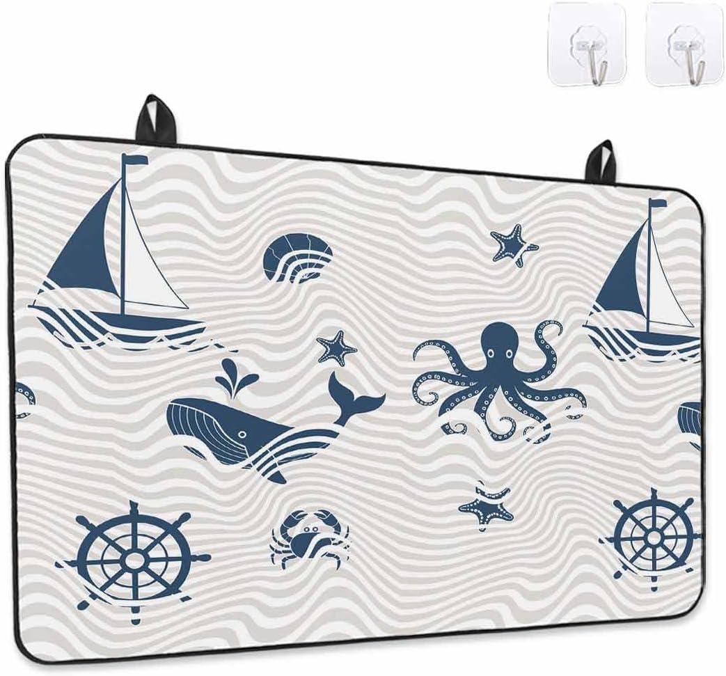 Cartoon Ocean Stove Top Covers for Electric Stove, Nautical Ship Octopus Crab Whale Wave Glass Ceramic Stove Cover Foldable Rubber Mat Heat Resistant Cooktop Protector for Kitchen 28''x20''