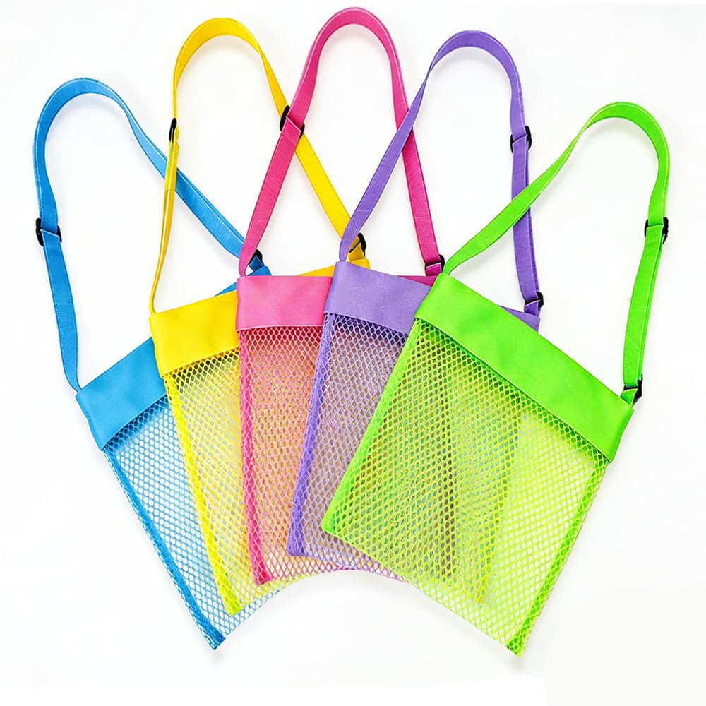 Bolsa Juguetes Playa Malla, 5 PCS Bandolera Bolsa Playa Niños, Beach Toy Bag, Ajustable Bolsa Playa Niños, para Guardar Juguetes y Conchas Marinas