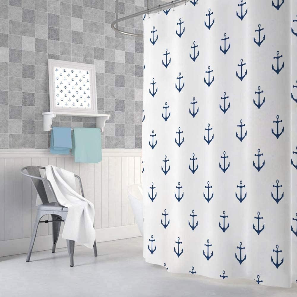 DYNH Nautical Anchor Extra Long Shower Curtain for Bathroom, Navy Blue White Beach Coastal Beachy Fabric Shower Curtains Set Decorative, Men Boys Kids Restroom Decor Accessories 72X84 Inch