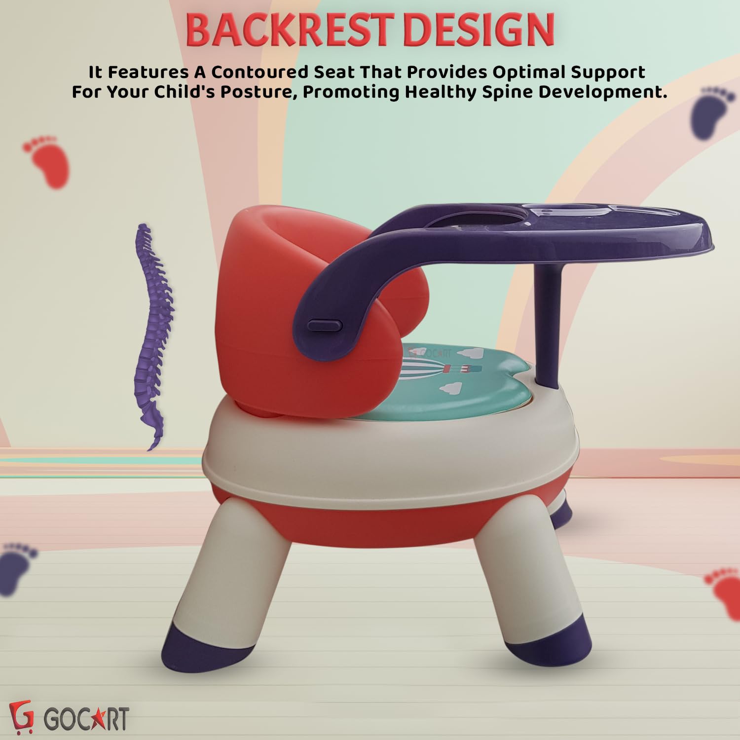 GOCART WITH G LOGO 4 Leg Baby Dining Chair With Detachable Tray And Pu Soft Cushion For 1-2 Year Kids And Toddler (Design-3) - White 3