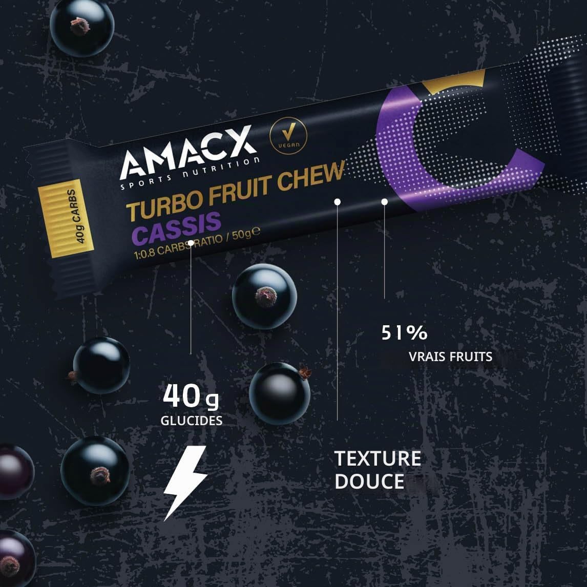AMACX Turbo Barre Energetique Sport Fruit Chew – Paquet de 12 – Pate de Fruit Sport avec Electrolyte – Healthy Snacks Vegan – Sans Gluten – 123kcal – Ratio Glucides 2:1 – Nutrition Sportive – Cassis