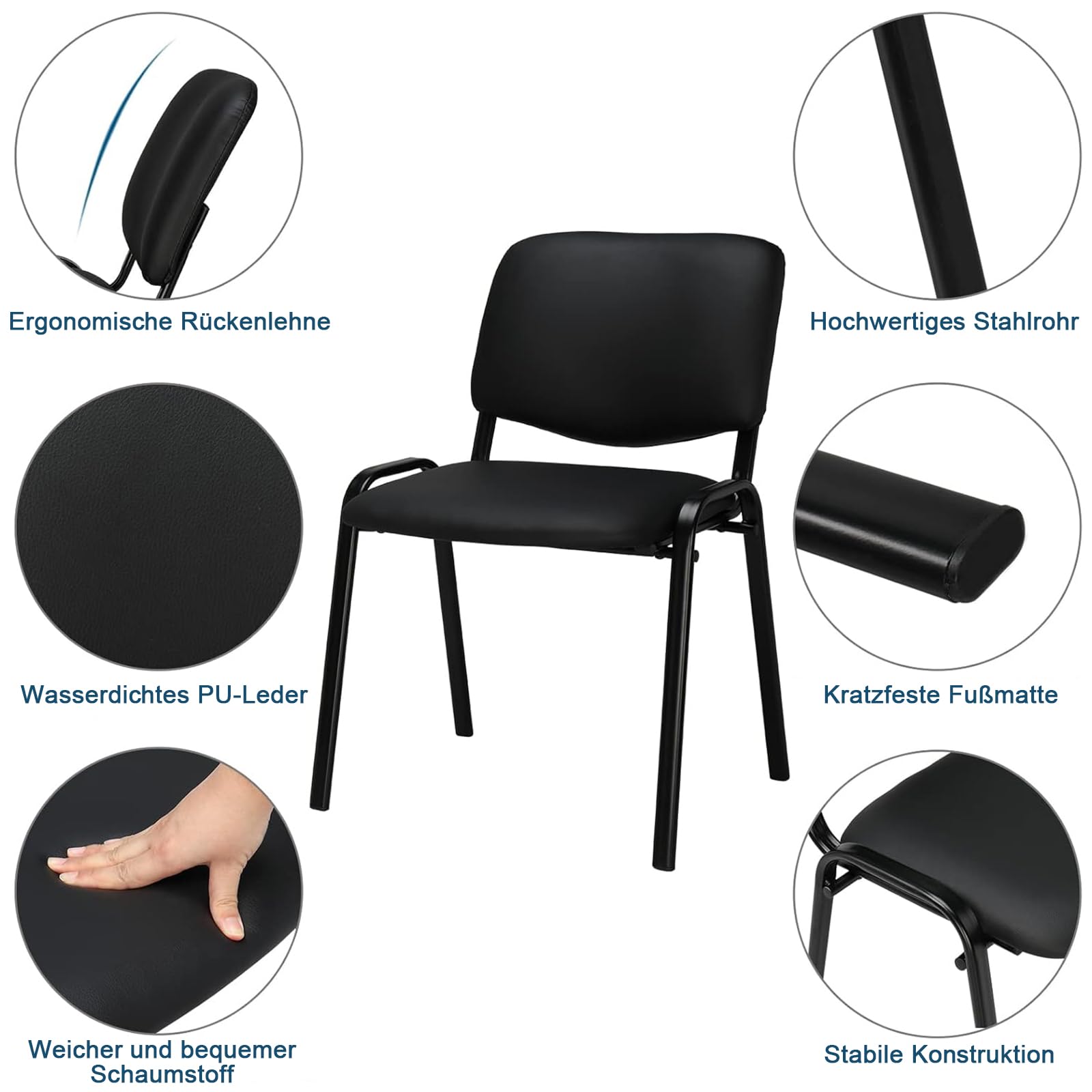 LEADZM Sedie impilabili, sedia da ufficio, senza braccioli, con seduta imbottita e schienale, per conferenze, casa, ufficio, reception, 5 pezzi, colore: nero