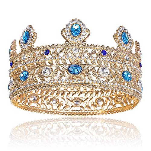 Gold King Crowns for Men, Royal Crown with Blue Crystal Rhinestones, Birthday Crown for Men Cosplay Homecoming Wedding Prom Party Decorations Crown Headpieces Accessories