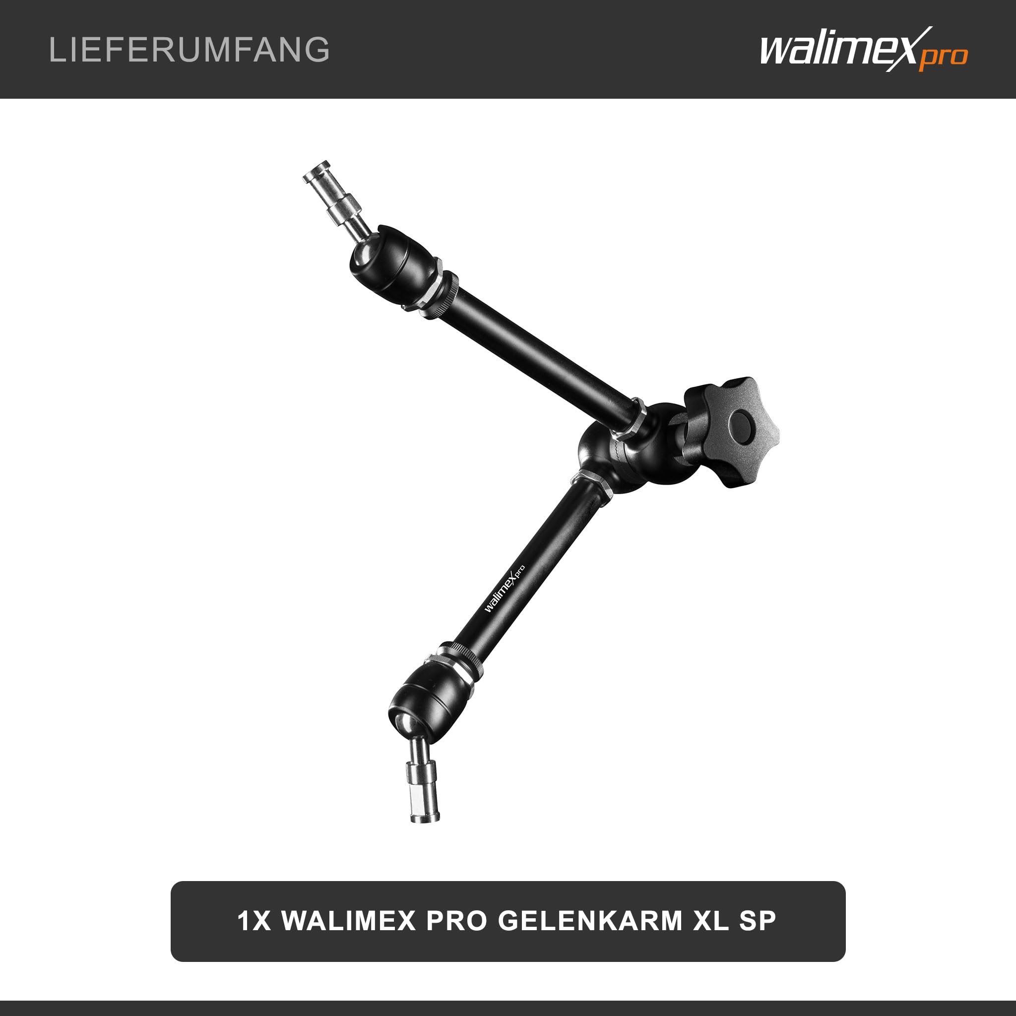 Walimex pro Gelenkarm XL SP – 530 x 80 x 80 mm – Stabiler Friktionsarm mit 5kg Belastbarkeit und 53cm Länge – für DSLRs, Videokameras, Beleuchtung- mit 5/8" Spigotanschlüssen und zentraler Rasterung