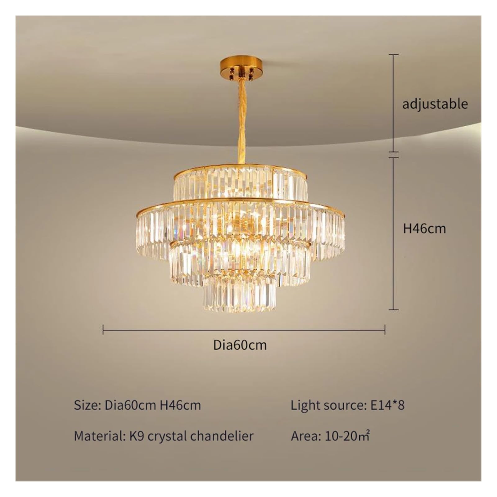 YEBMLP wysokiej klasy kryształowa lampa wisząca do hotelu, willi, przedpokoju, salonu, jadalni, kuchni, sypialni, wielowarstwowa (średnica 60 cm, wysokość 46 cm, ciepłe światło)