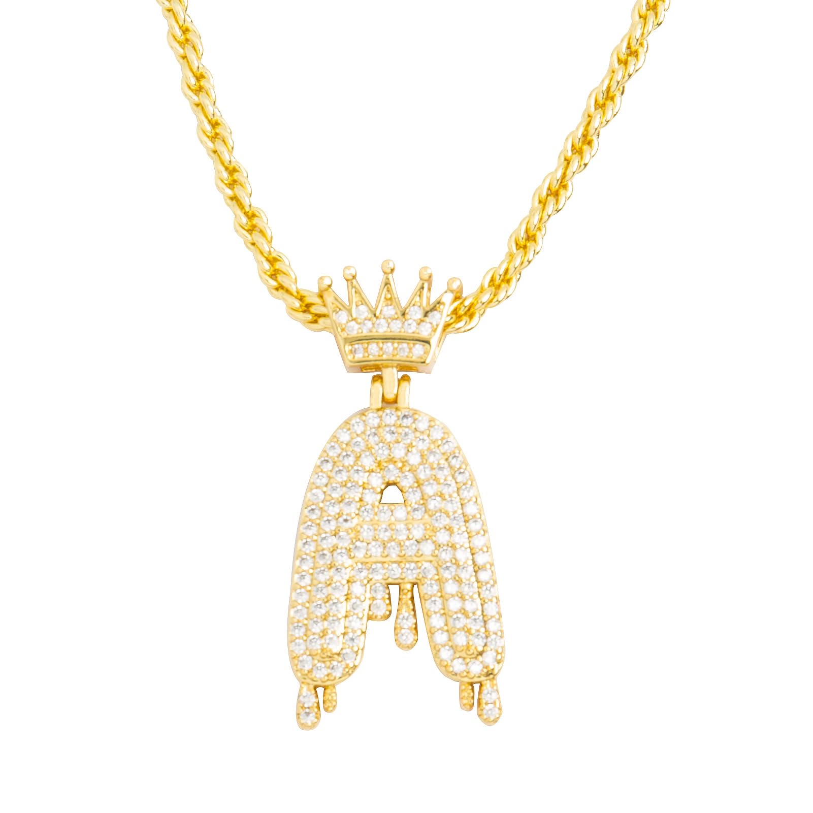 TKMIRA Gold Initial Letter Necklace for Women Men Iced Out Diamond Crown Letter A-Z Pendant Necklace with 24“ Rope Chain Hip Hop Jewelry