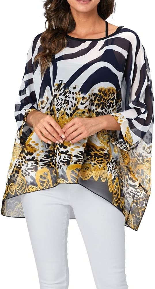 Nicetage Boho Top Sheer Dressy Blouse Chiffon Blouses for Women Sheer Poncho Flowy Batwing Tops Cruise Wear - Image 2