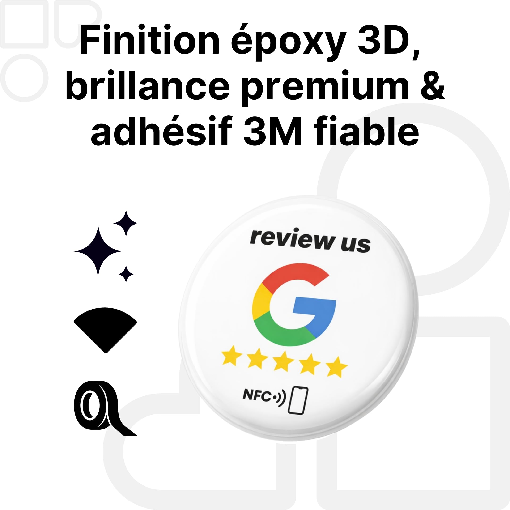 Lot de 2 autocollants Google NFC « Review us » sur Google NFC - 3 cm de diamètre - Collect plus de reviews instantanément avec un seul bouton - Auto-programmable et réutilisable - Parfait pour les