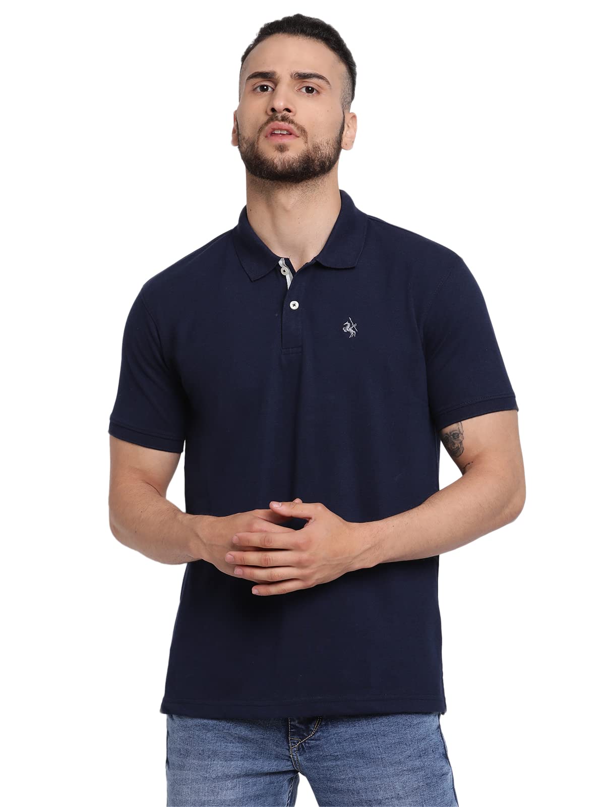 cantabil Men Blue Cotton Blend Polo Neck Half Sleeve Solid T-Shirt (P-MTSH00037-AIRFORCE)-picture-27