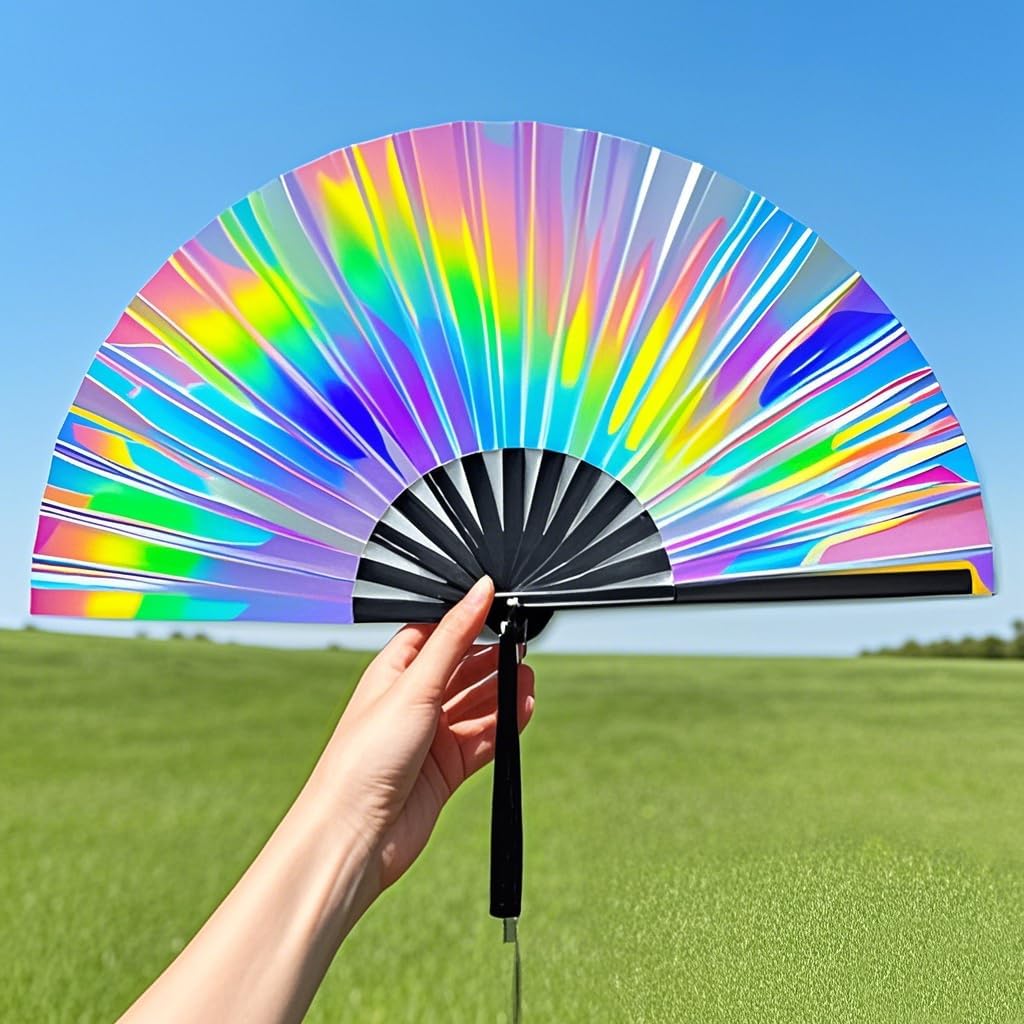 dmjuncong Large Holographic Hand Rave Fan Foldable, 13in Folding Fan with Premium Fabric, Portable Sturdy Bamboo Ribs Paper Handheld Fans for Festival, EDM, Party, Club, Music, Outfit Accessories