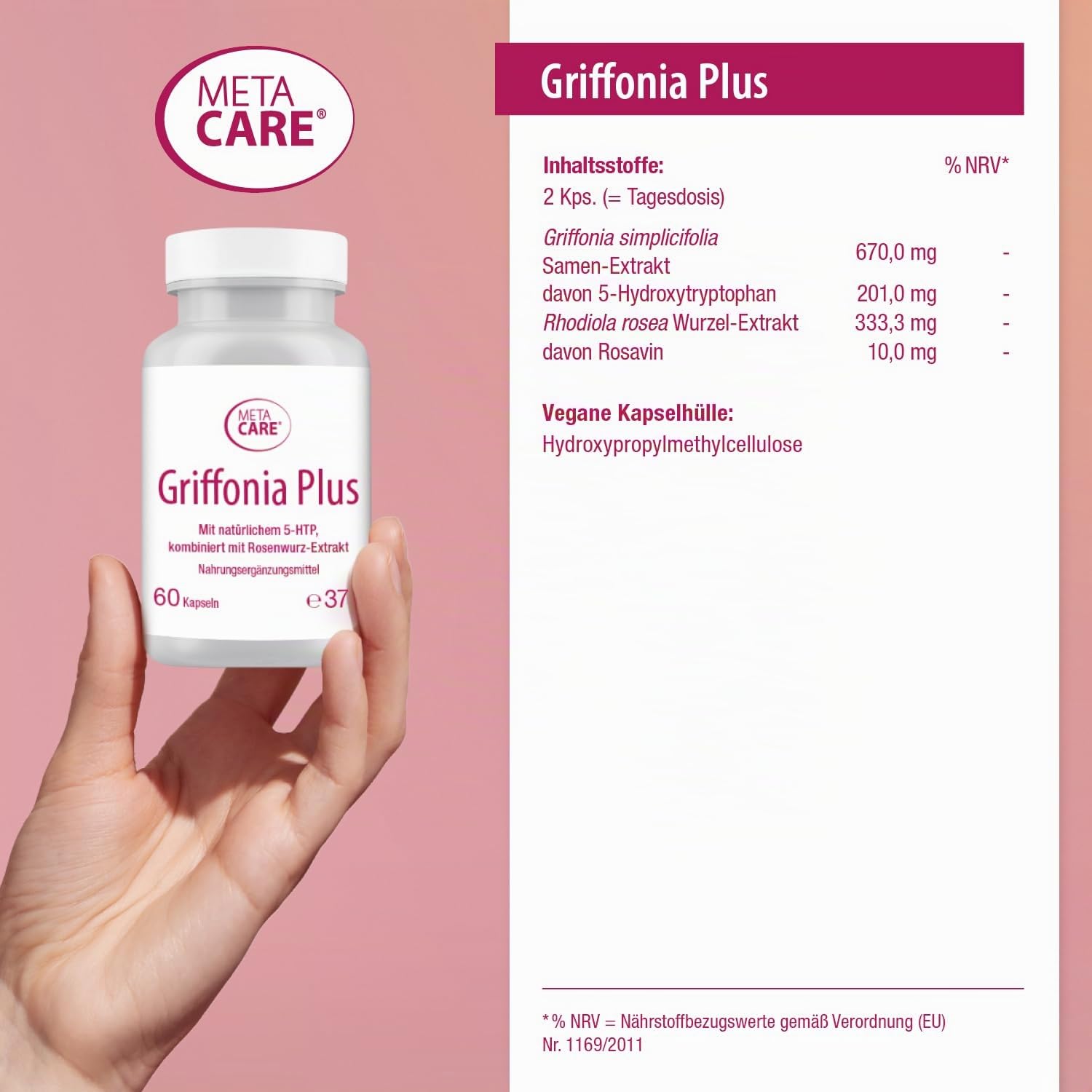 Griffonia Plus | Bewusst kombiniert mit Rosenwurz-Extrakt | 60 Kapseln | VEGAN