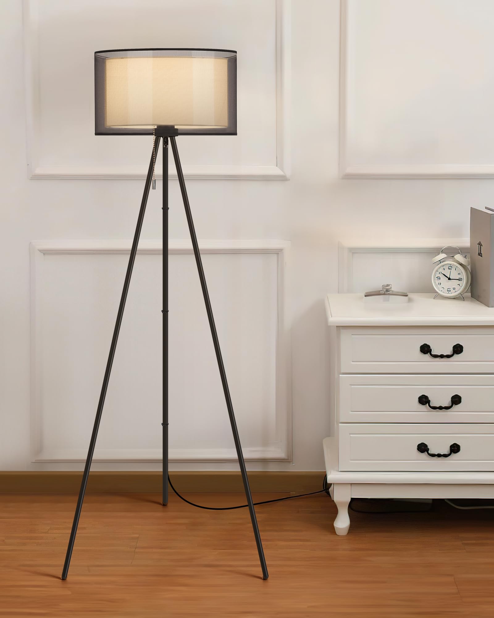 KDG Modern Floor Lamp for Living Room, Tall Tripod Floor Lamp Corner Lighting, Fabric Lampshade LED Bulb Bright Pole Light, High Light for Bedroom, Reading, Office, Study Room, Warm Light(Black)