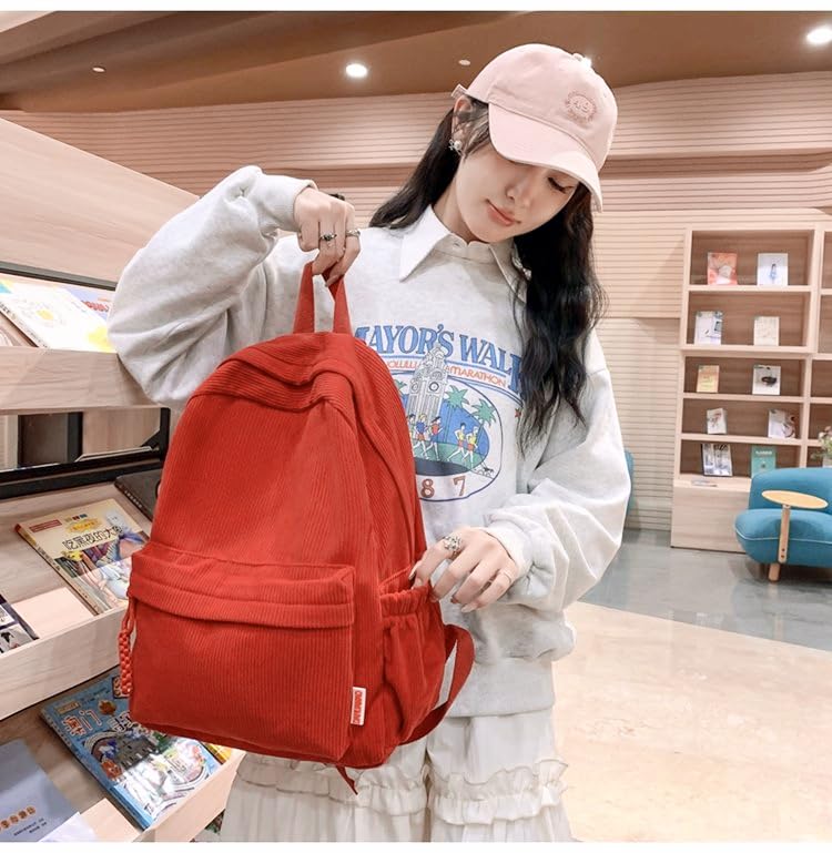 Kawaii Y2k Aesthetic Cute Soft & Chic Minimalist Pure Color Corduroy Backpack for Campus (Red)3