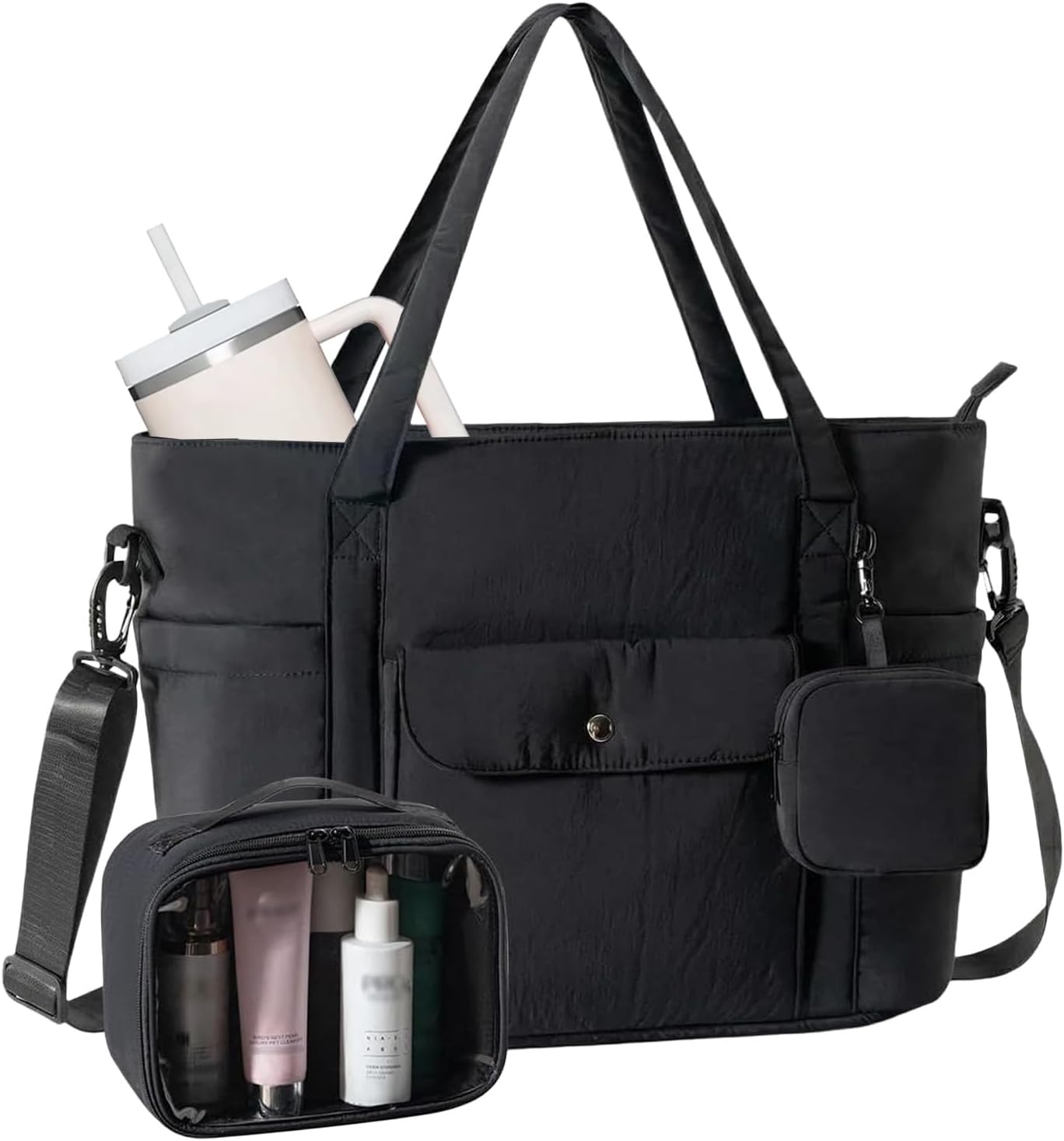 Large Tote Bag for Women with Toiletry Bag, Waterproof Travel Tote with Insulated Pocket & Laptop Compartment, Multi-Pocket Weekender Bag Carry On Tote for Work Travel Hospital Gym (Black)