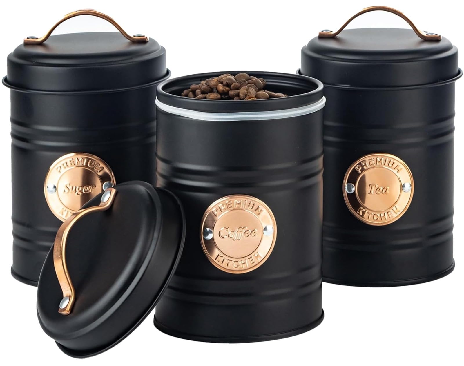 LENAK Tea Coffee Sugar Storage Canister Set - Labelled Containers for Tea Coffee Sugar Tins Jar Sets for Kitchen Accessories & Essentials (Black/Copper, 3 Pieces)