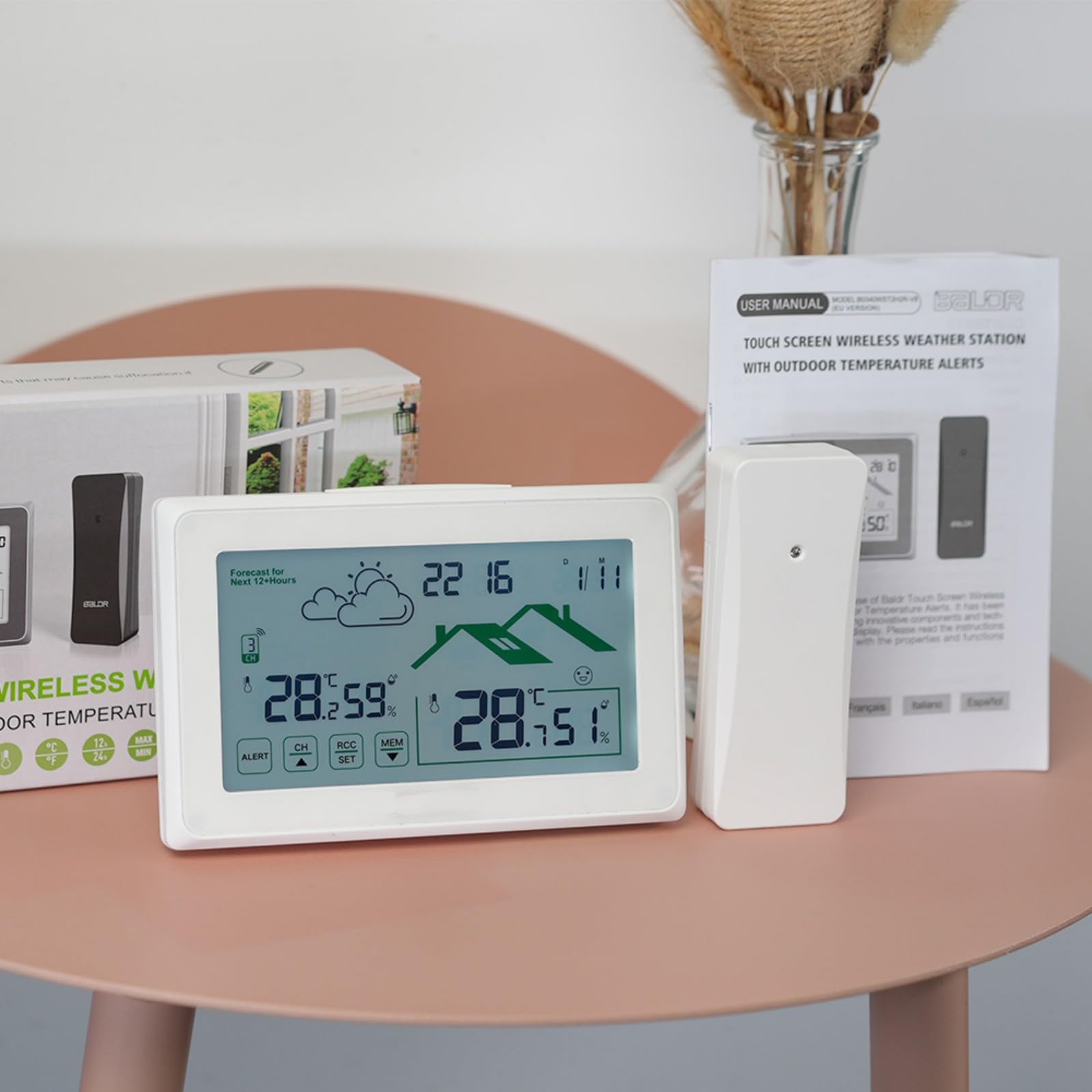 Termómetros para Interiores y Exteriores con Reloj controlado por Radio y Monitor de Temperatura y Humedad para Entorno del hogar Confort Pronóstico del en hogar Sensores de Humedad de